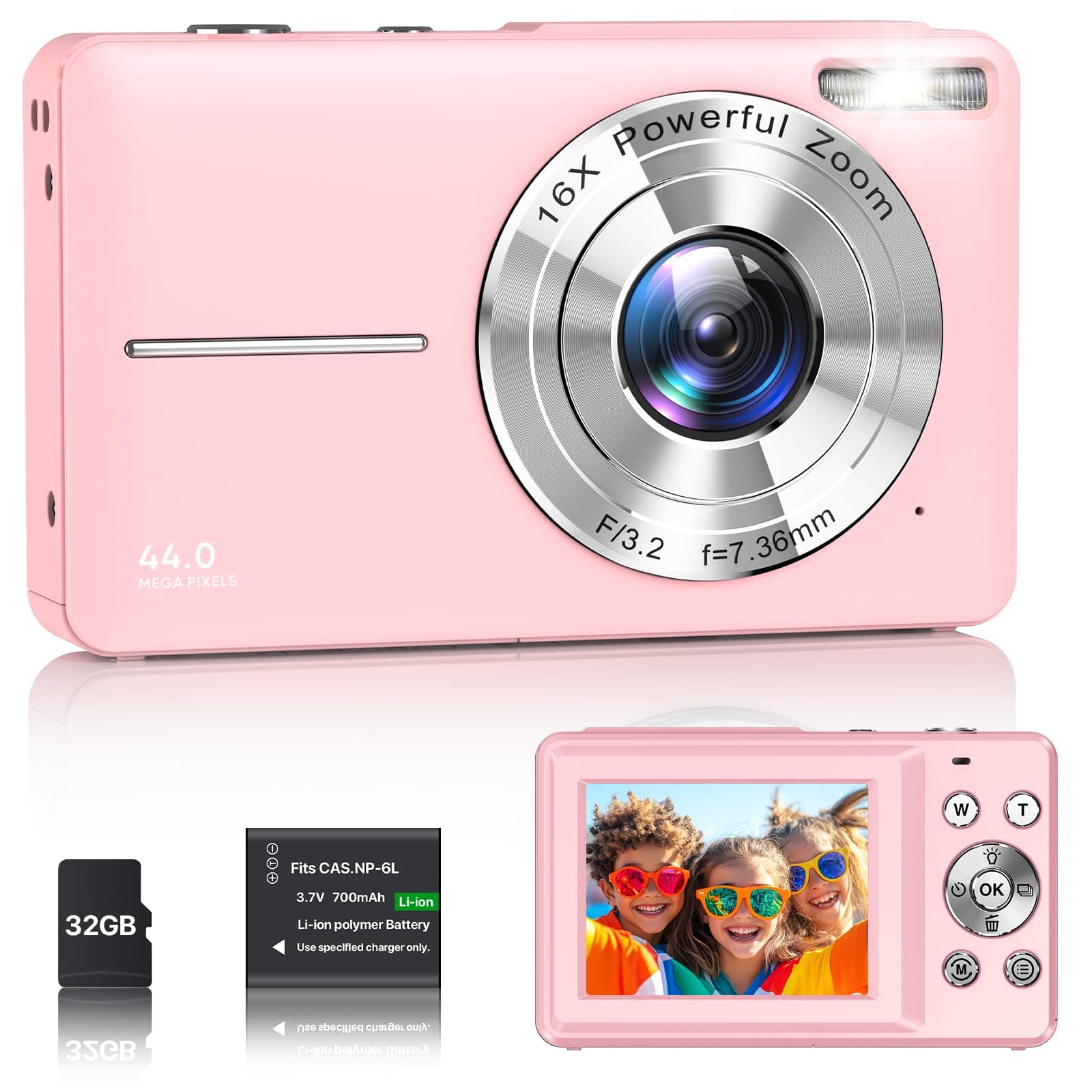 Digitalkamera 1080P Fotokamera 44MP Kamera Fotoapparat Tragbare Kompaktkamera mit 2,4" LCD Bildschirm, 16X Digitalzoom, 32G Micro Speicherkarte, 1 Akku für Kinder Teenager Student Anfänger-Rosa Rosa + 1 Batterie + 1 Speicherkarte Angebot bei HelloDeals