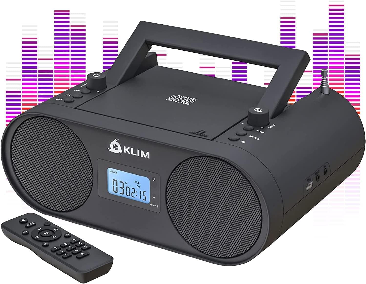 KLIM Boombox B4 Radio mit CD Player + AM/FM Radio, MP3, Bluetooth, AUX, USB tragbar mit kabellosem Modus und aufladbaren Akku + Mit Fernbedienung, Autosleep, Digital EQ B4 Schwarz Angebot bei HelloDeals