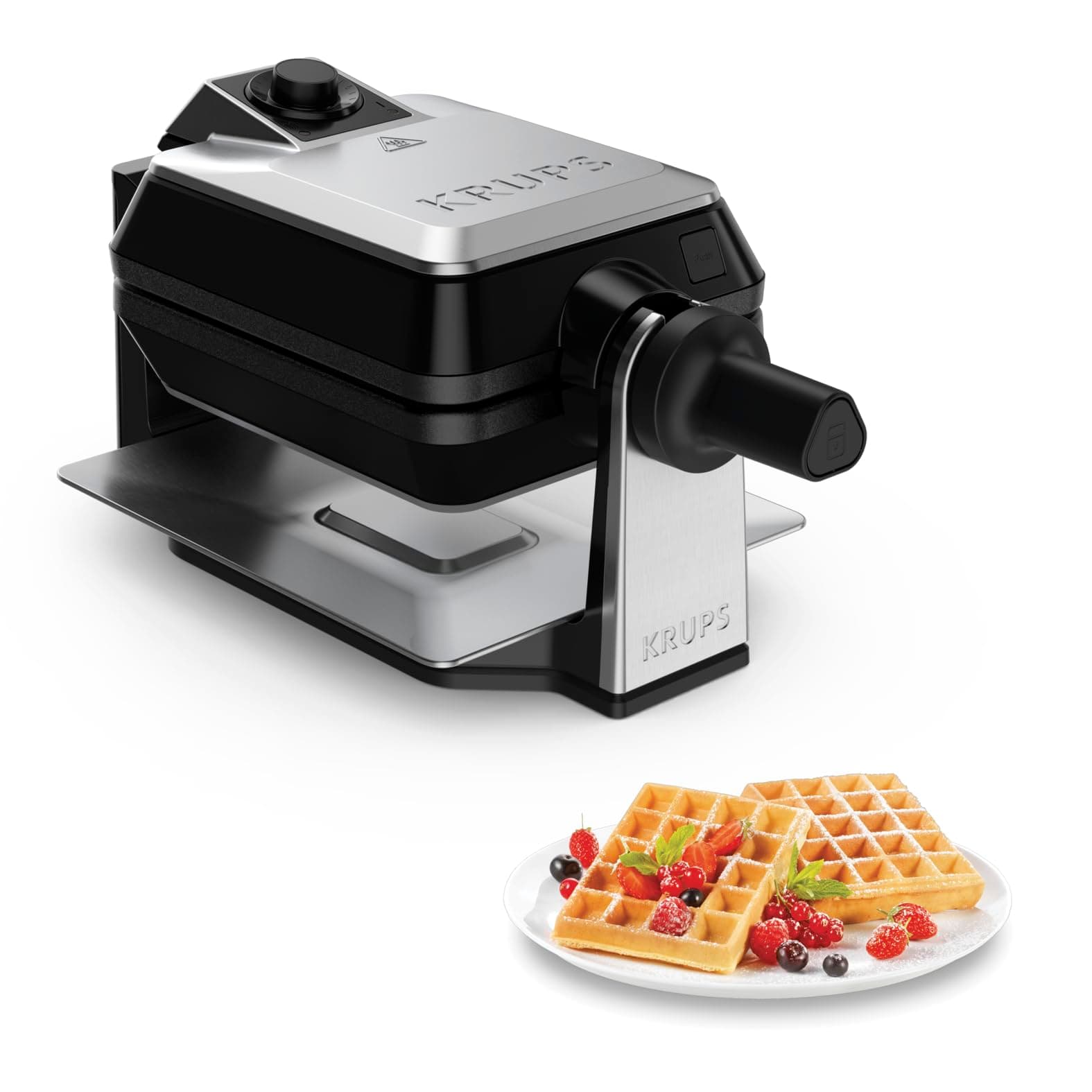 Krups FDD95D Professionelles, Doppelwaffeleisen, 2 belgische Waffeln gleichzeitig, Dreh-Funktion für perfekte Waffel, 7 Bräunungsstufen, spülmaschinengeeignete Platten, 1200W, Schwarz Angebot bei HelloDeals