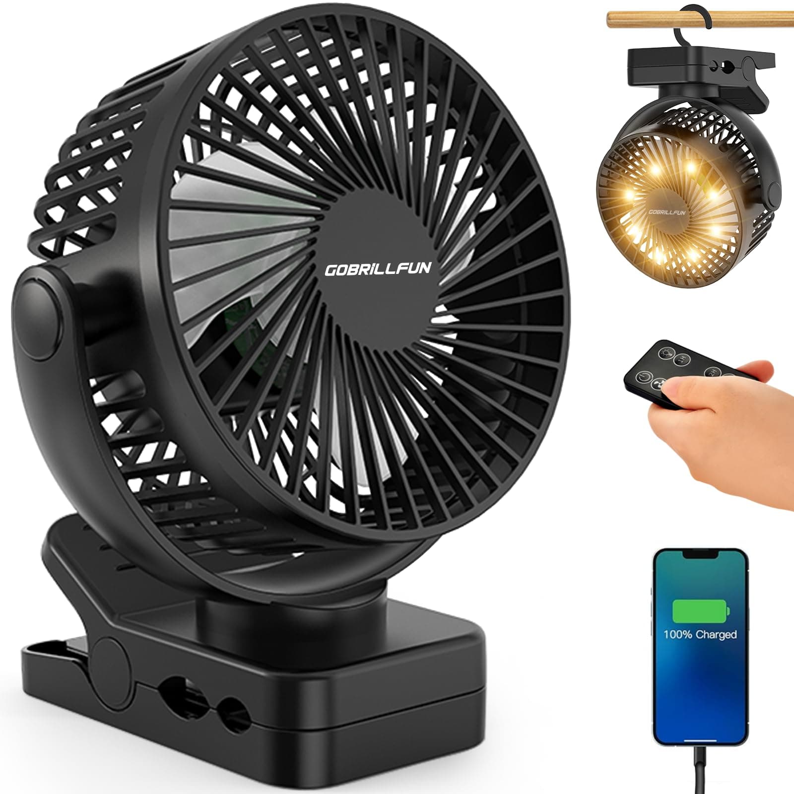15,2 cm (6 Zoll) 12000 mAh Clip Ventilator Akku mit Fernbedienung, USB wiederaufladbar mit LED-Lichtern, 3 Geschwindigkeiten, batteriebetriebener Ventilator mit Timer (tiefschwarz) Angebot bei HelloDeals