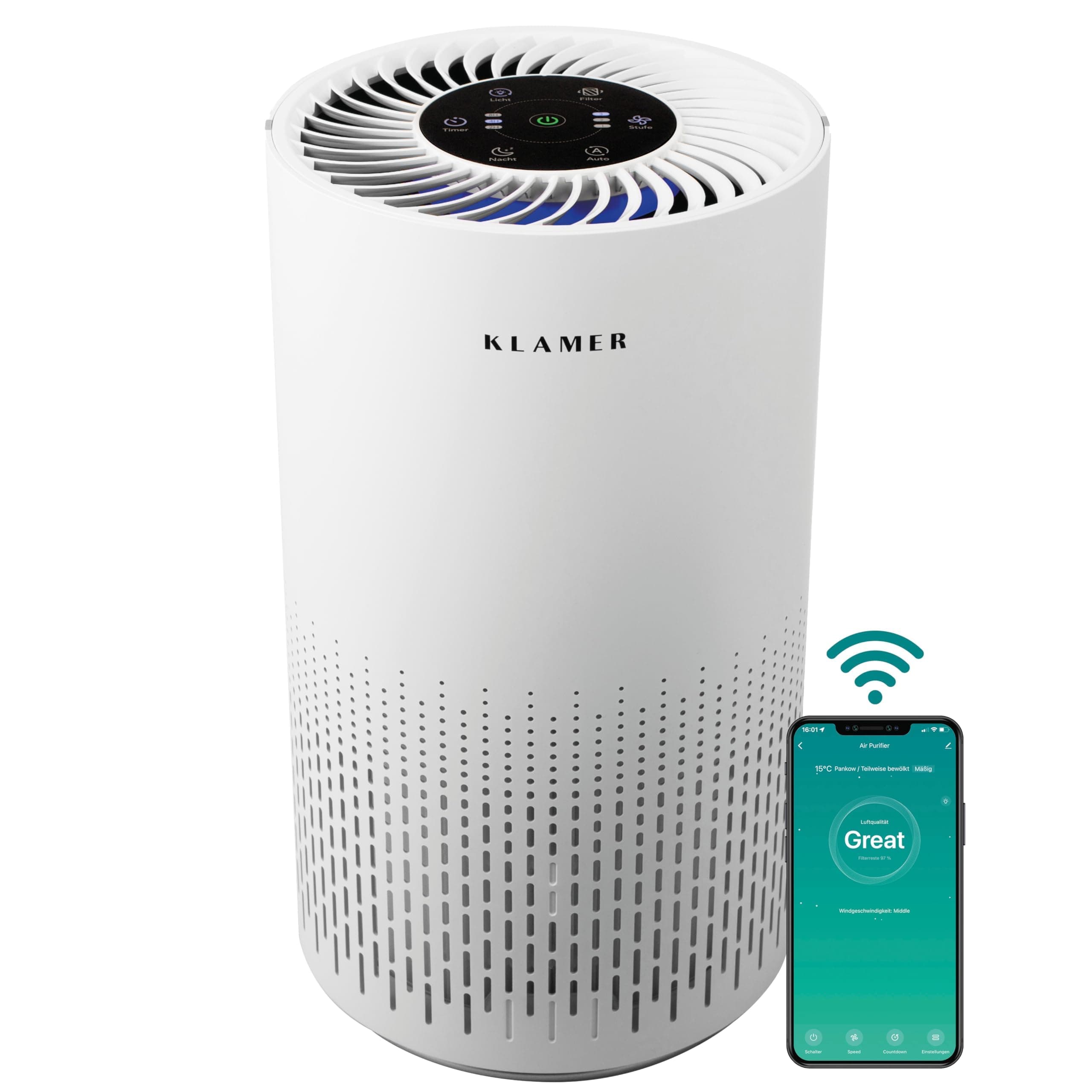 KLAMER Luftreiniger 300i mit HEPA Filter, CADR Spitzenleistung von 220 m³/h, für Räume bis 50m², entfernt bis zu 99,9% Pollen, Staub, Viren und Allergene, 3 Modi inkl. Automatikmodus Angebot bei HelloDeals