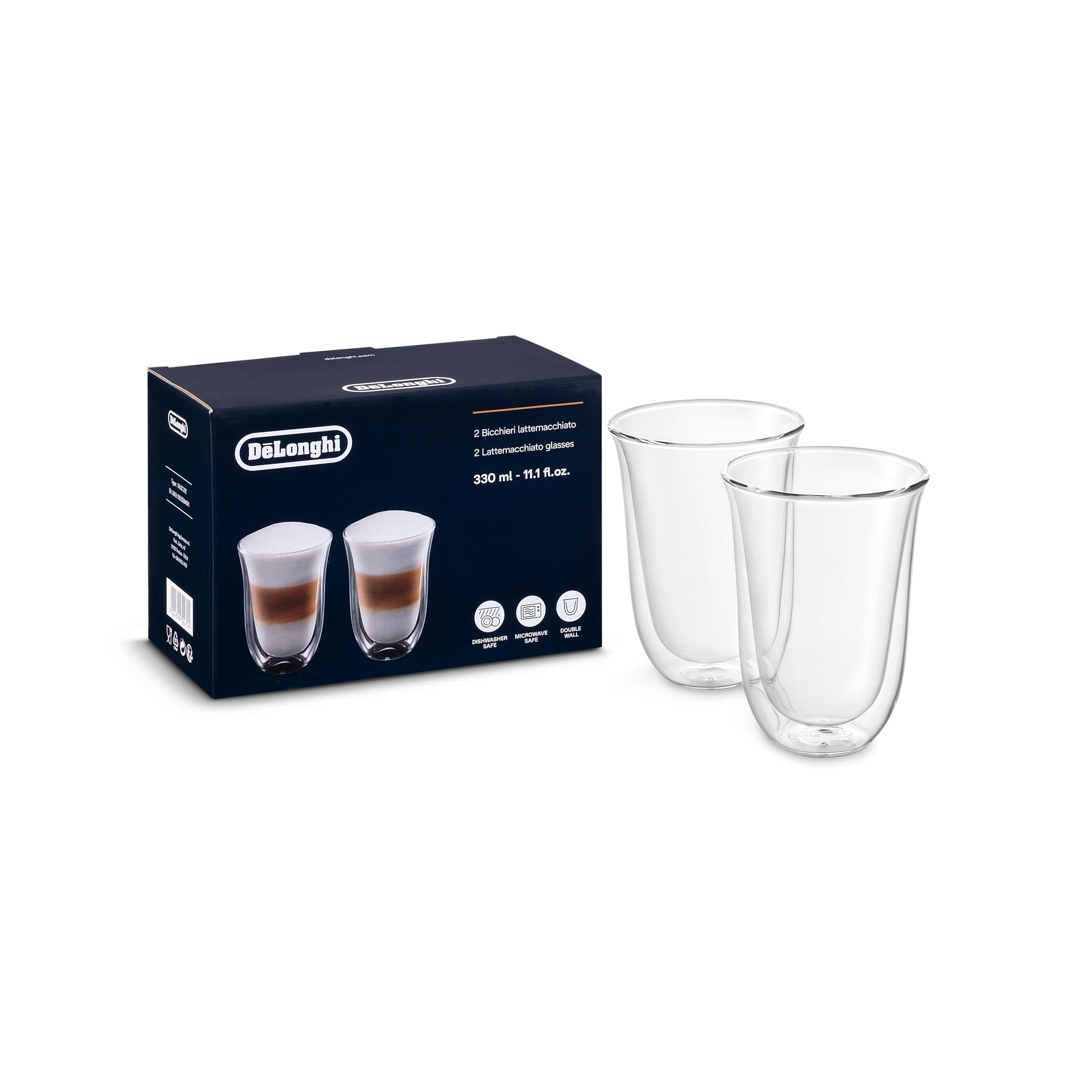 De'Longhi Gläser Set DLSC312, 2 doppelwandige Thermogläser mit Isolierfunktion für kalte und warme Getränke, widerstandsfähiges Borosilikatglas, Spülmaschinenfest, Fassungsvermögen 330 ml , 2 Stück Latte Macchiato-Gläser, 2er Set Single Angebot bei HelloDeals