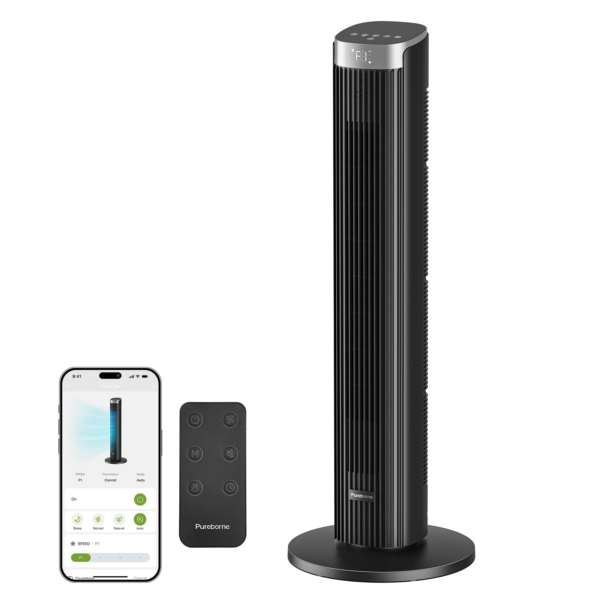91CM Leiser Ventilator, 90° Oszillation Turmventilator, Standventilator mit Fernbedienung & WLAN, 4 Stufen & 4 Modi, 12H Timer Turmventilatoren für Schlafzimmer, Schwarz Schwarz 91CM Angebot bei HelloDeals