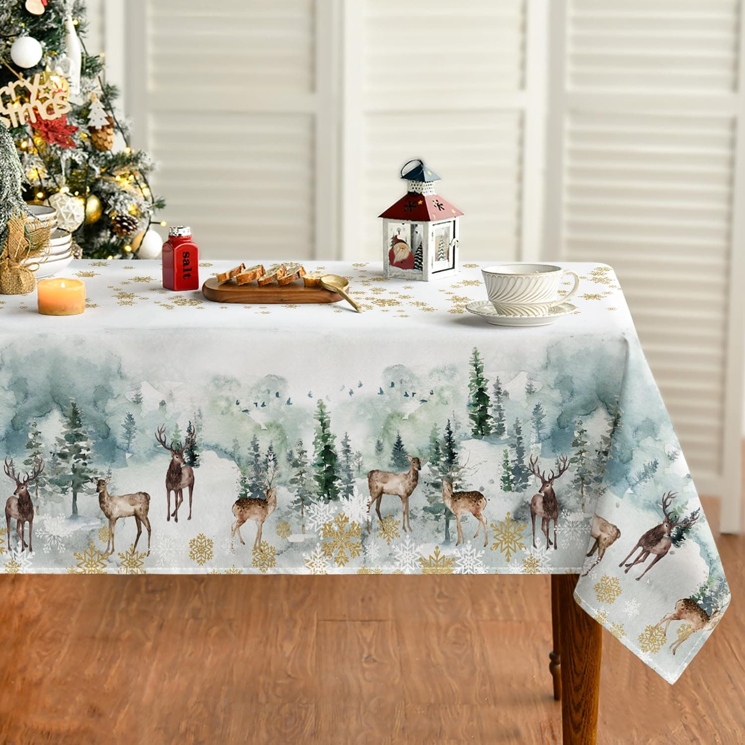 Artoid Mode Golden Schneeflocken Bäume Rentier Weihnachten Tischdecke 140x110 cm, Winter Vögel Fleckschutz Tischwäsche Küche Dekoration Party Dekor 140 x 110 cm (Rechteckig) Grün Angebot bei HelloDeals