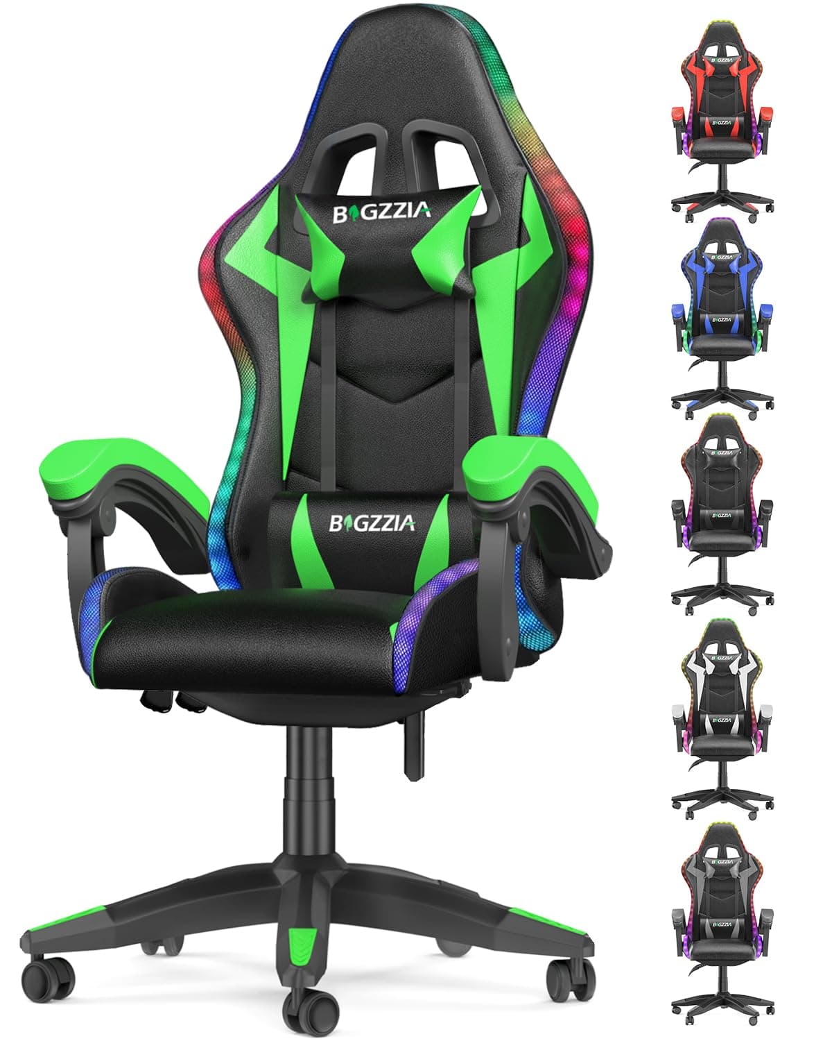 Gaming-Stuhl LED, Gamer-Stuhl mit Schillernde Lichtleiste, Kopfstütze und Lordosenstütze, Einstellbarer Höhe Neigung, 130 kg Belastbarkeit, PC Gaming Stuhl für Gaming Büro (Schwarz Grün) Schwarz-grün Mit LED Angebot bei HelloDeals