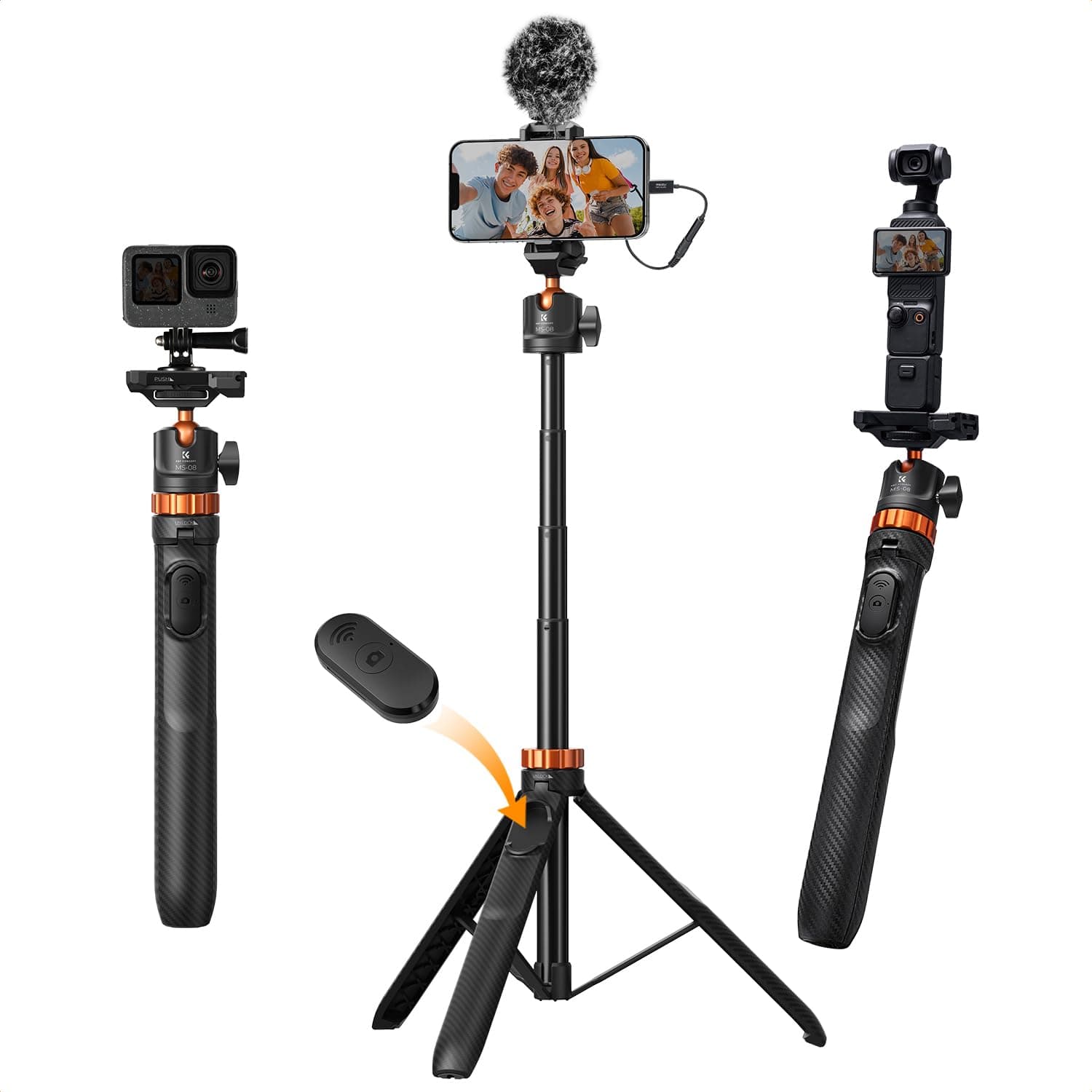 Selfie Stick,K&F CONCEPT MS08 Selfie Stick,158CM Handy Stativ,Stativ für Smartphone Kompatibel mit iPhone/Samsung/DJI Osmo 360/Pocket 3/Insta 360 X5/X4/X3,Handyhalter mit Abnehmbarer Fernbedienung MS08 158cm Angebot bei HelloDeals