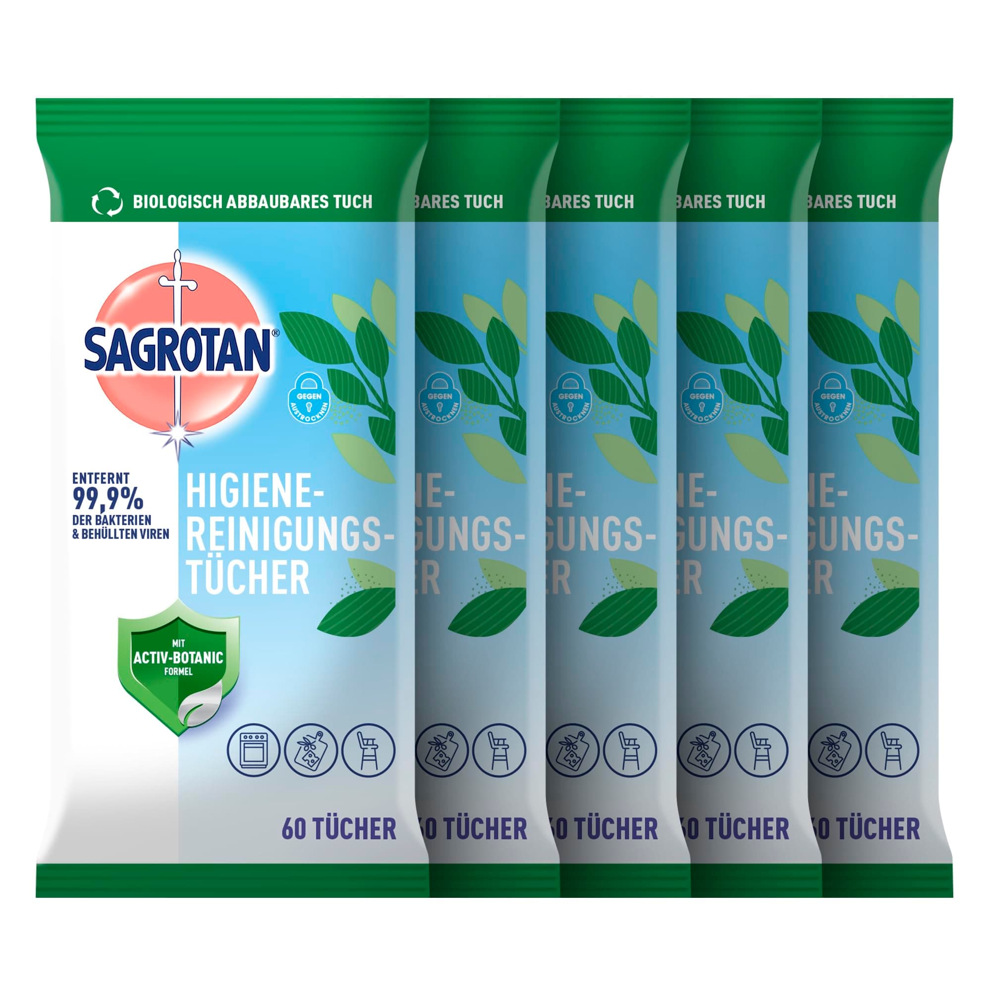 Sagrotan Hygienereinigungstücher – Für die praktische Reinigung und Desinfektion von Oberflächen – 5 x 60 Feuchttücher in wiederverschließbarer Verpackung 300 stück (1er Pack) Angebot bei HelloDeals