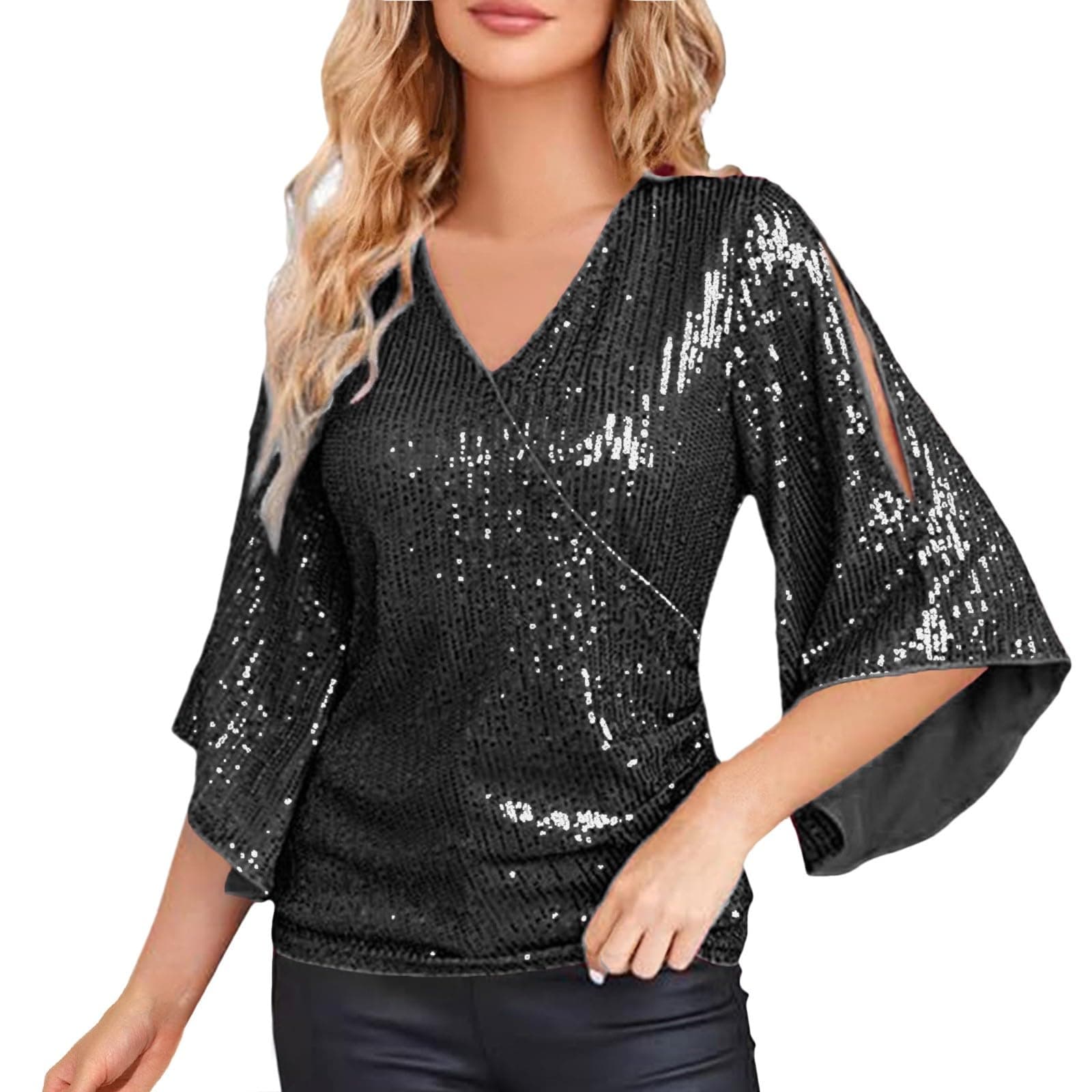 Pailletten Oberteil Damen Glitzer Shirt Große Größen Kurzarm Bluse Shirts V-Ausschnitt Oberteile Schön Glänzend Longshirt Casual Elegante Festlich Mode Glitzertop Pailletten Bluse L Schwarz Angebot bei HelloDeals
