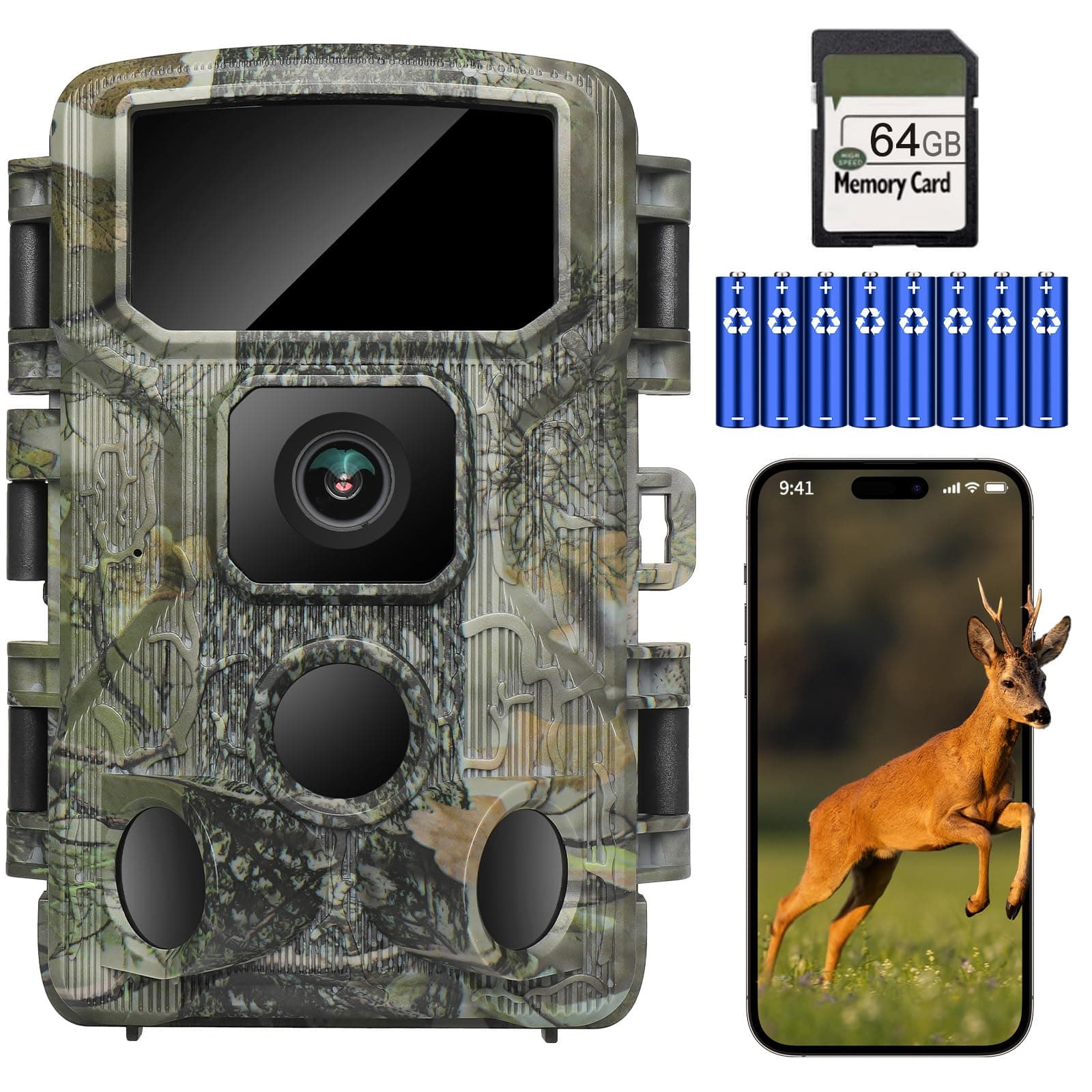 KJK Wildkamera mit Handyübertragung APP, 4K 64MP HD WLAN Bluetooth mit 64GB Speicherkarte, Wildkamera mit Bewegungsmelder Nachtsicht, 0.1s Auslöser, IP67 Wasserdicht, 130° Weitwinkel Armeegrün Angebot bei HelloDeals