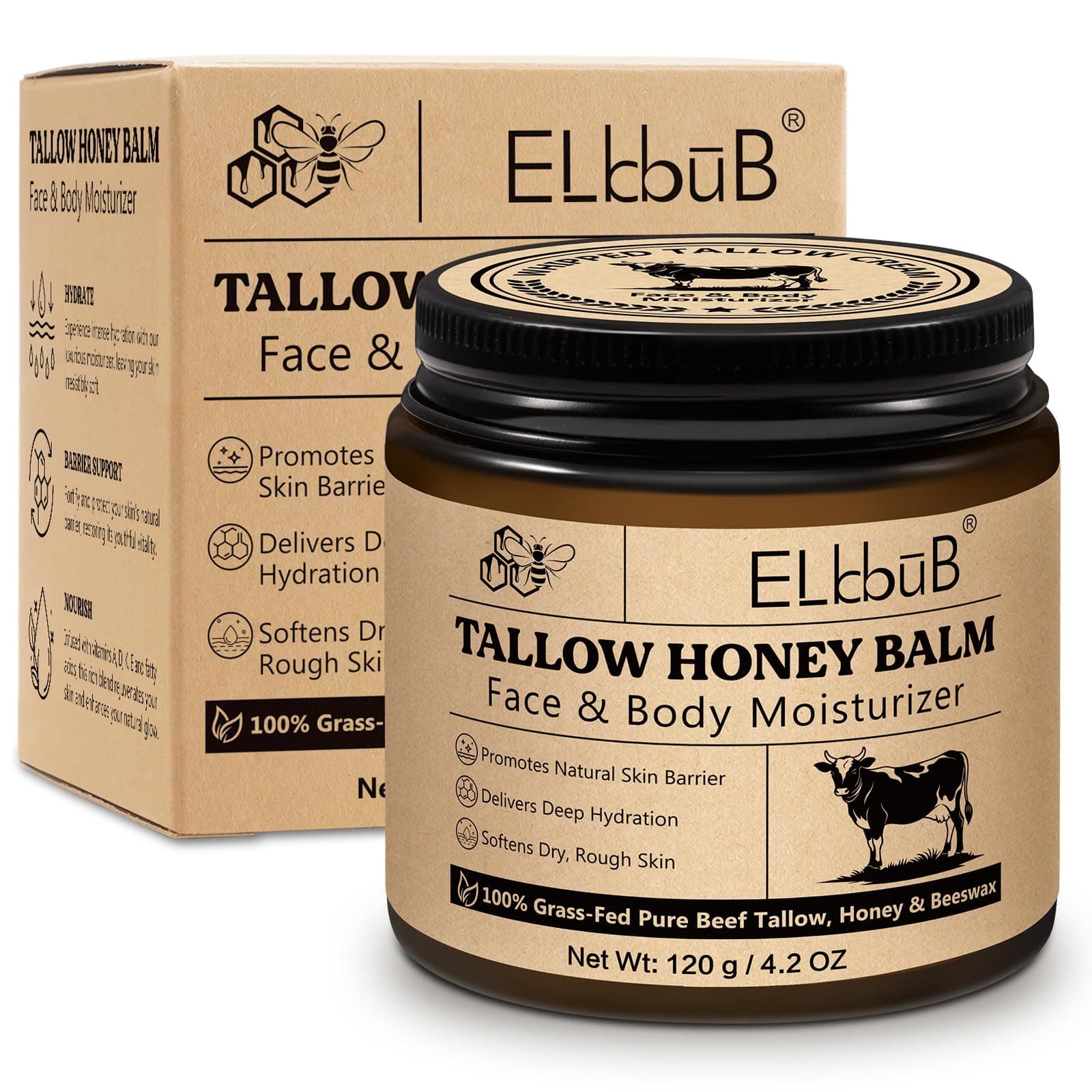 Whipped Tallow Cream für Gesicht & Körper - 100% Grasgefüttertes Rindertalg, Natürlicher Honig & Bienenwachs Feuchtigkeitscreme, Tiefe Hydratation & Pflege, Öl- und Duftfrei, Schnell Absorbierend 120 g (1er Pack) Angebot bei HelloDeals