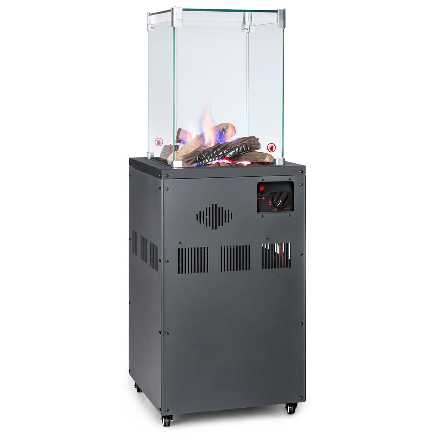 Blumfeldt Terrassenheizer, Outdoor-Gasheizstrahler, Heizpilz Gas für Terrasse, Garten & Balkon, Terrassen-Heizer mit Elektrischer Zündung, 360°Flammen-Blick, Gas-Heizstrahler mit Bodenrollen Grau Flagranti Crystal View Angebot bei HelloDeals