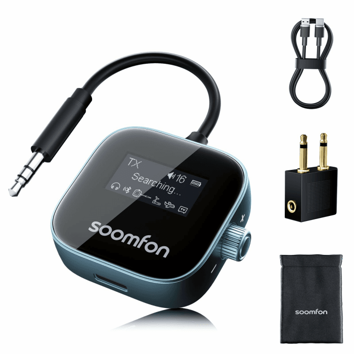 SOOMFON 2-in-1 Bluetooth 5.3 Sender Empfänger Klinke, Bluetooth Adapter Flugzeug mit Display und Akku, 3.5mm BT Transmitter Splitter für 2 Kopfhörer wie Airpods, für TV, Fitness & Stereoanlage