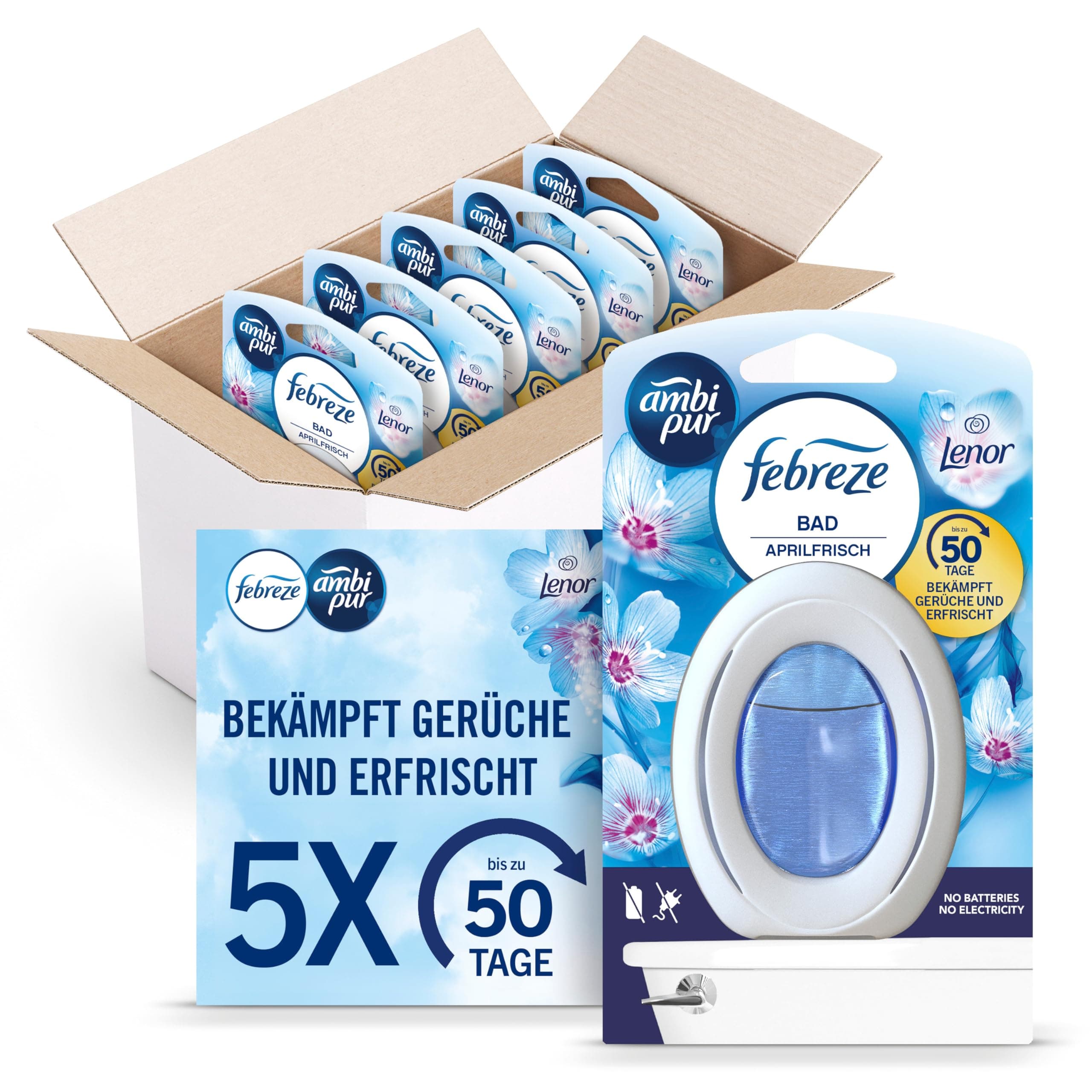 Febreze Bad Lufterfrischer, Lenor Aprilfrisch, 5 Stück, Kontinuierliche Geruchsbekämpfung und -verhinderung für Badezimmer Angebot bei HelloDeals