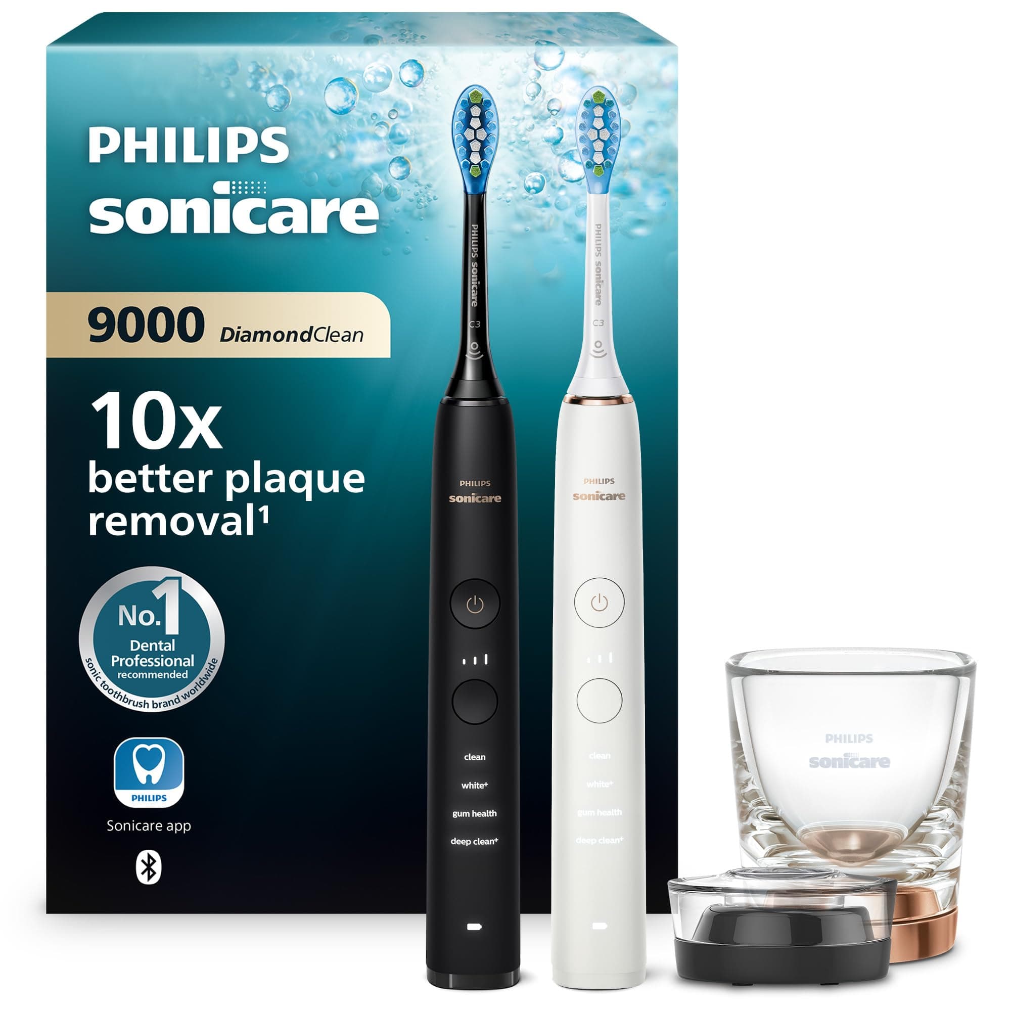 Philips Sonicare DiamondClean 9000 elektrische Zahnbürste, Schallzahnbürste mit App, Andruckkontrolle, 4 Putzmodi, 3 Intensitätsstufen, Ladeglas, Schwarz und Roségold, Zweierpack, Modell HX9914/57 Angebot bei HelloDeals