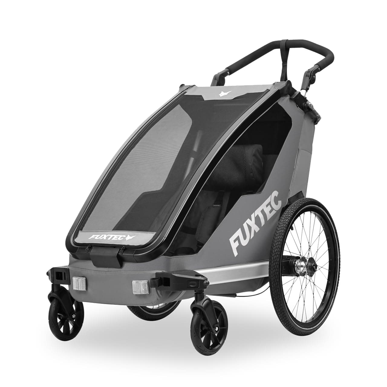 FUXTEC Kinderfahrradanhänger FX-FA1S, EIN-Sitzer faltbar mit Schiebegriff und Regenschutz, integrierter Anschnallgurt und Handgelenksband, max. Zuladung 35kg, inkl. Kupplung und Sicherheitsfahne Angebot bei HelloDeals