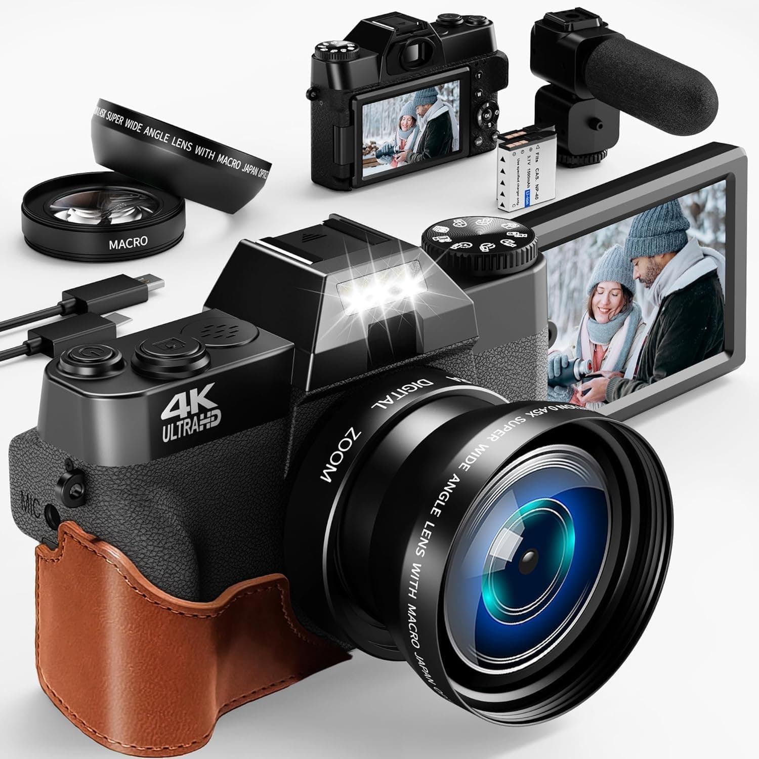 Digital Camera Camcorder, 56MP Digitalkamera, Fotokamera mit 180° Flip 3.0" Bildschirm, mit Weitwinkel+Macro Linse, 32G TF Karte 3.0" Kompaktkamera 180° Flip Bildschirm 4K+WIFI+MIC Angebot bei HelloDeals