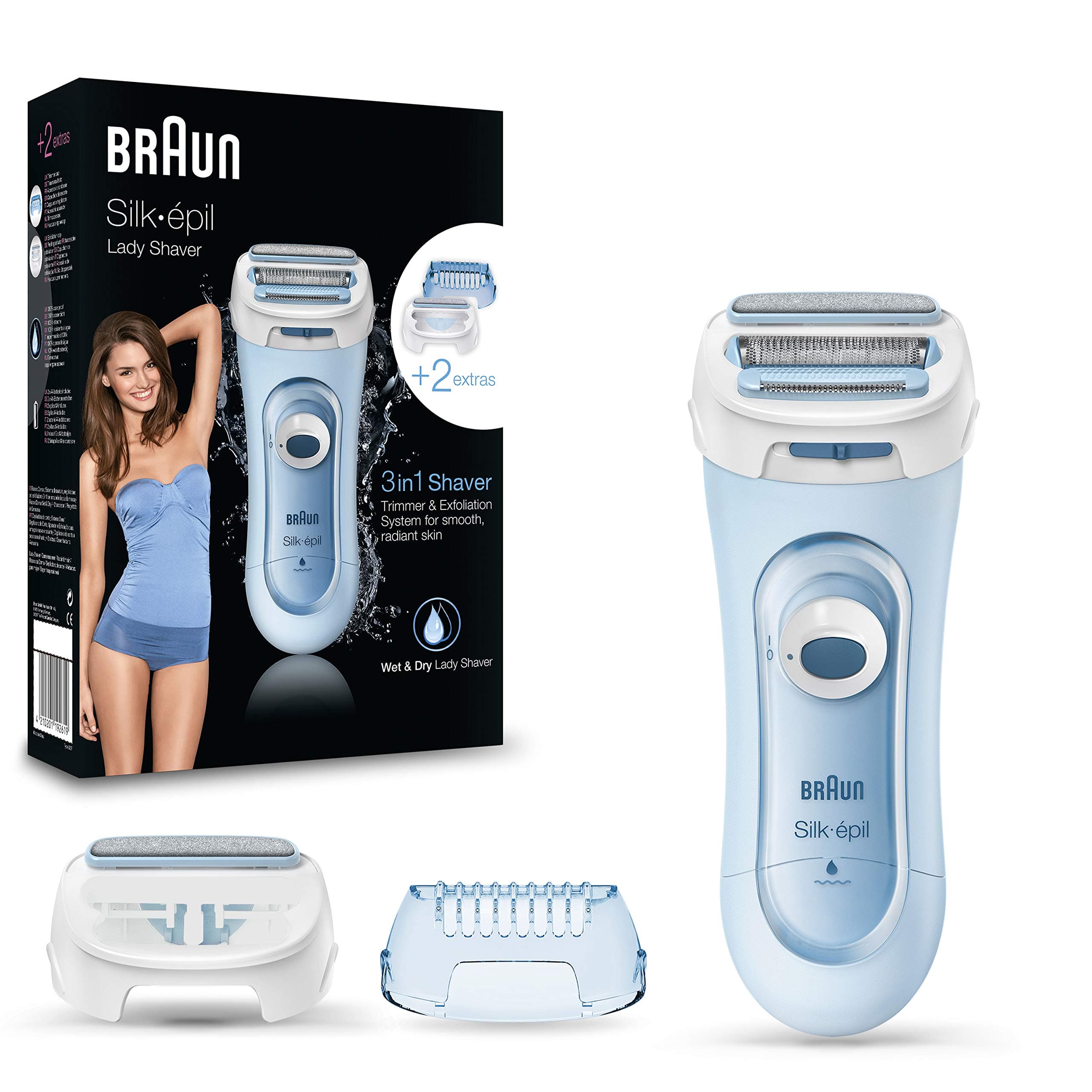 Braun Silk-épil Lady Shaver, Damenrasierer Elektrisch, 3-in-1 Elektrischer Rasierer, Trimmer- und Peeling-System mit 2 Extras, Wet&Dry, LS5160, Blau Angebot bei HelloDeals