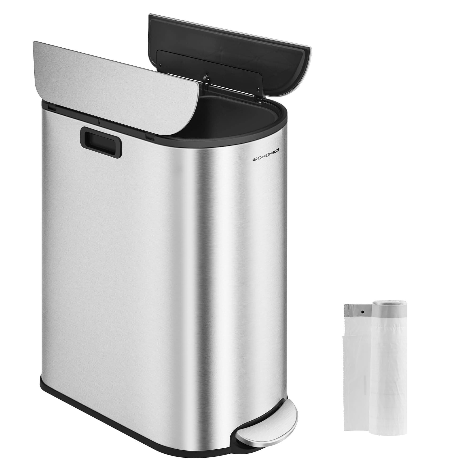 SONGMICS Mülleimer Küche, Mülltrennsystem 2 Fächer, 30 L und 20 L, schmaler Abfalleimer, Treteimer für Recyclingmaterialien und Abfall, mit 2-teiligem Deckel, metallicsilber LTB570E50 Angebot bei HelloDeals