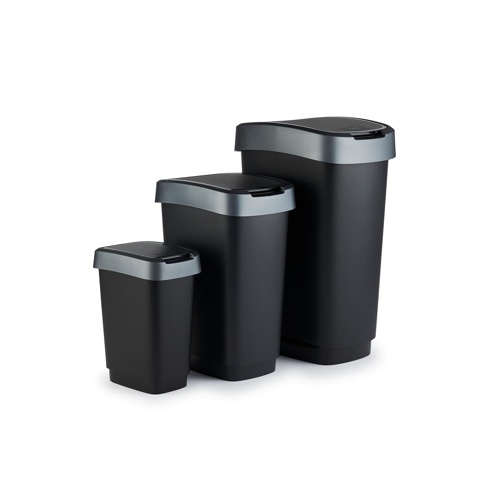 Rotho Twist Mülleimer-Set, 3 Stück, mit Klappdeckel, BPA-frei, schwarz/silber, 10L, 25L und 50L Angebot bei HelloDeals
