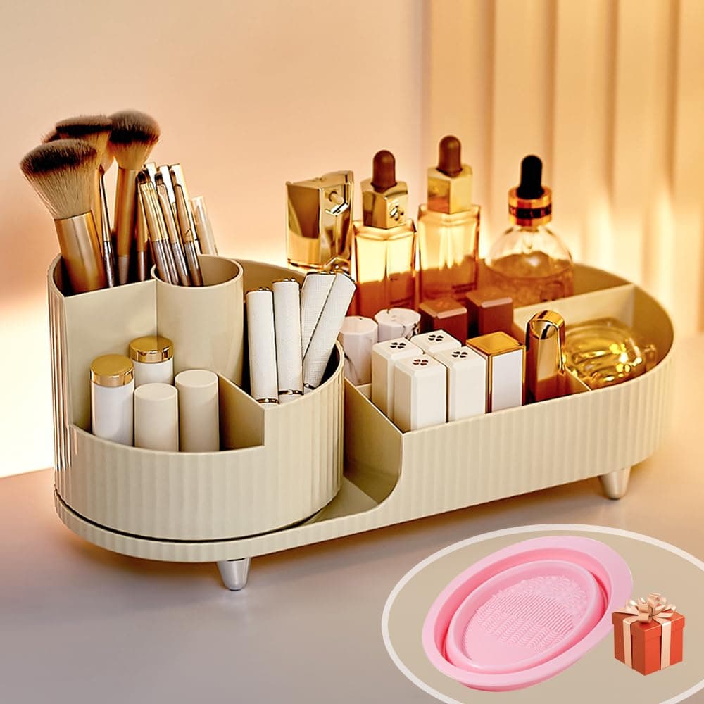 Make up Organizer 360° Drehbar, Großer Bad Kosmetik Organizer mit Aufbewahrungsbox für Schminktisch – Inkl. Makeup Pinsel Reiniger (Beige) Angebot bei HelloDeals
