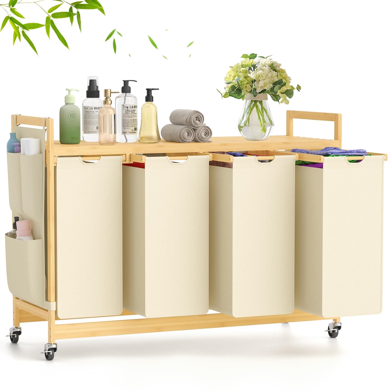 SUHU Wäschekorb aus 4 Fächer Bambus Wäschesammler mit Rad Wäscheregal kleine seitliche Taschen Wäschesäcken Abnehmbaren Wäschebox für Schlafzimmer Waschküche Beige 200L(114×41.5×83CM) Angebot bei HelloDeals