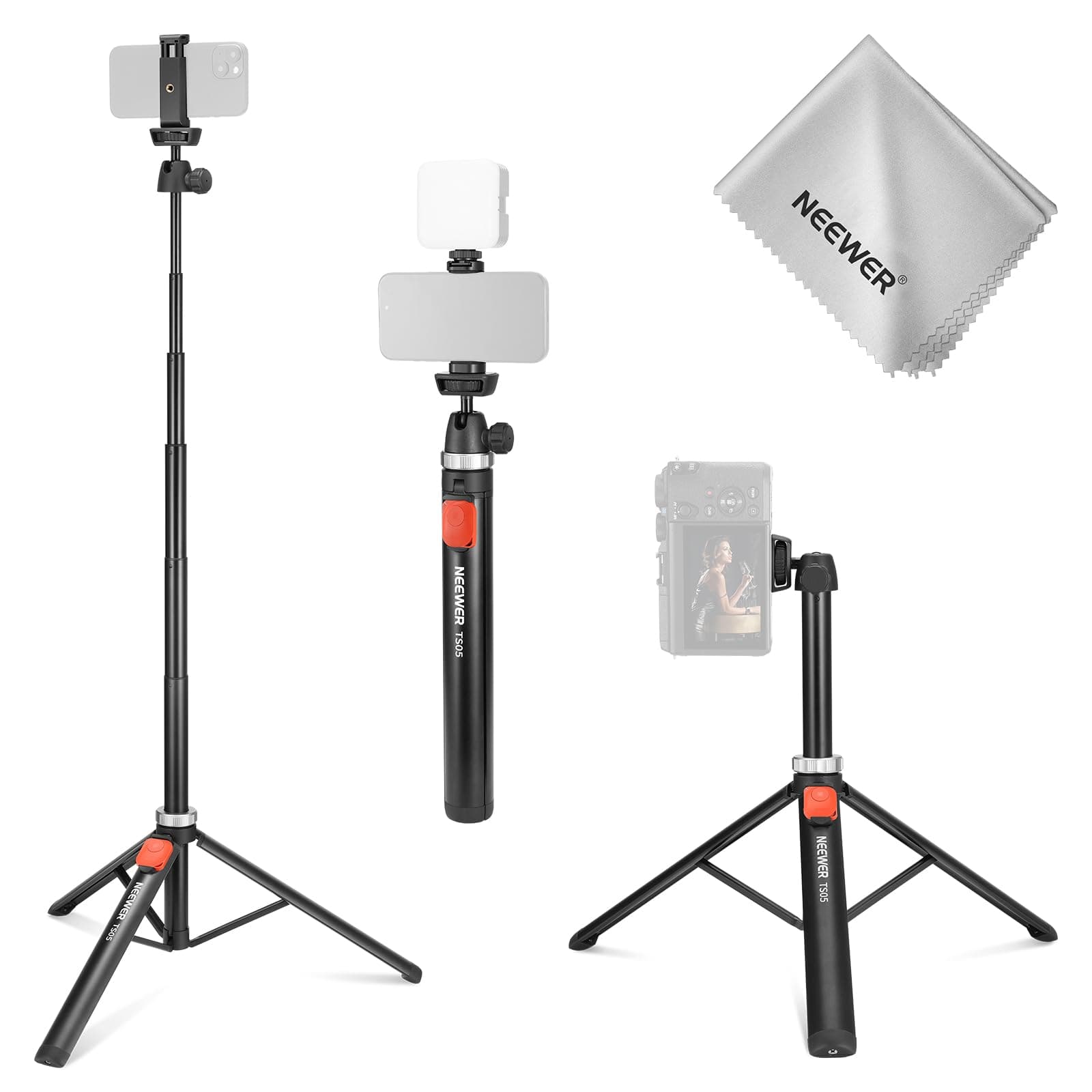 NEEWER Handy Stativ für Kamera mit HandyHalter & Fernbedienung, 62,9" Full Metall Selfie Stick Reise Vlog Video Aufnehme Tragbarer Ständer Kompatibel mit iPhone Canon Sony Nikon, Reinigungstuch, TS05 TS05 mit Reinigungstuch Angebot bei HelloDeals