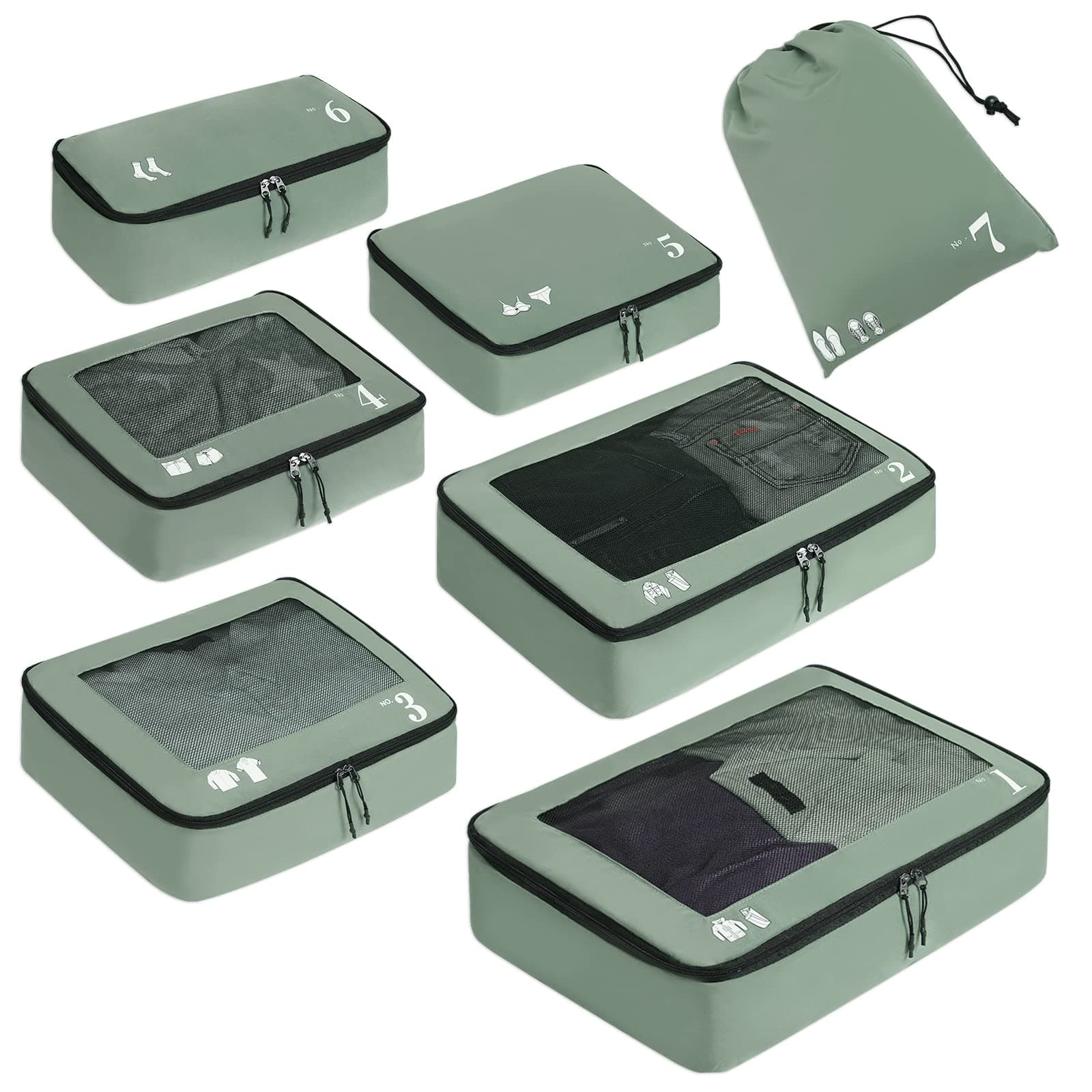 ECOHUB Packwürfel für Koffer, 7 Stück, Reise-Organizer, Packtaschen, recyceltes PET, umweltfreundlich, Reisezubehör, Schuhtaschen für Reisen, Aufbewahrungstasche, Gepäck-Organizer, Reisetasche, Grün Angebot bei HelloDeals