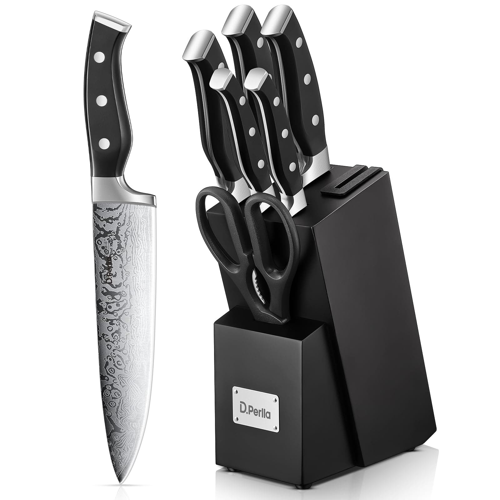 D.Perlla Messerblock mit Messerset, 7-TLG Selbstschärfender Messerblock, Scharf Edelstahl Messerset Set mit Kunststoff-Griff und Holzblock, Profi Küchenmesserset, Schwarz Schwarz 7 Angebot bei HelloDeals