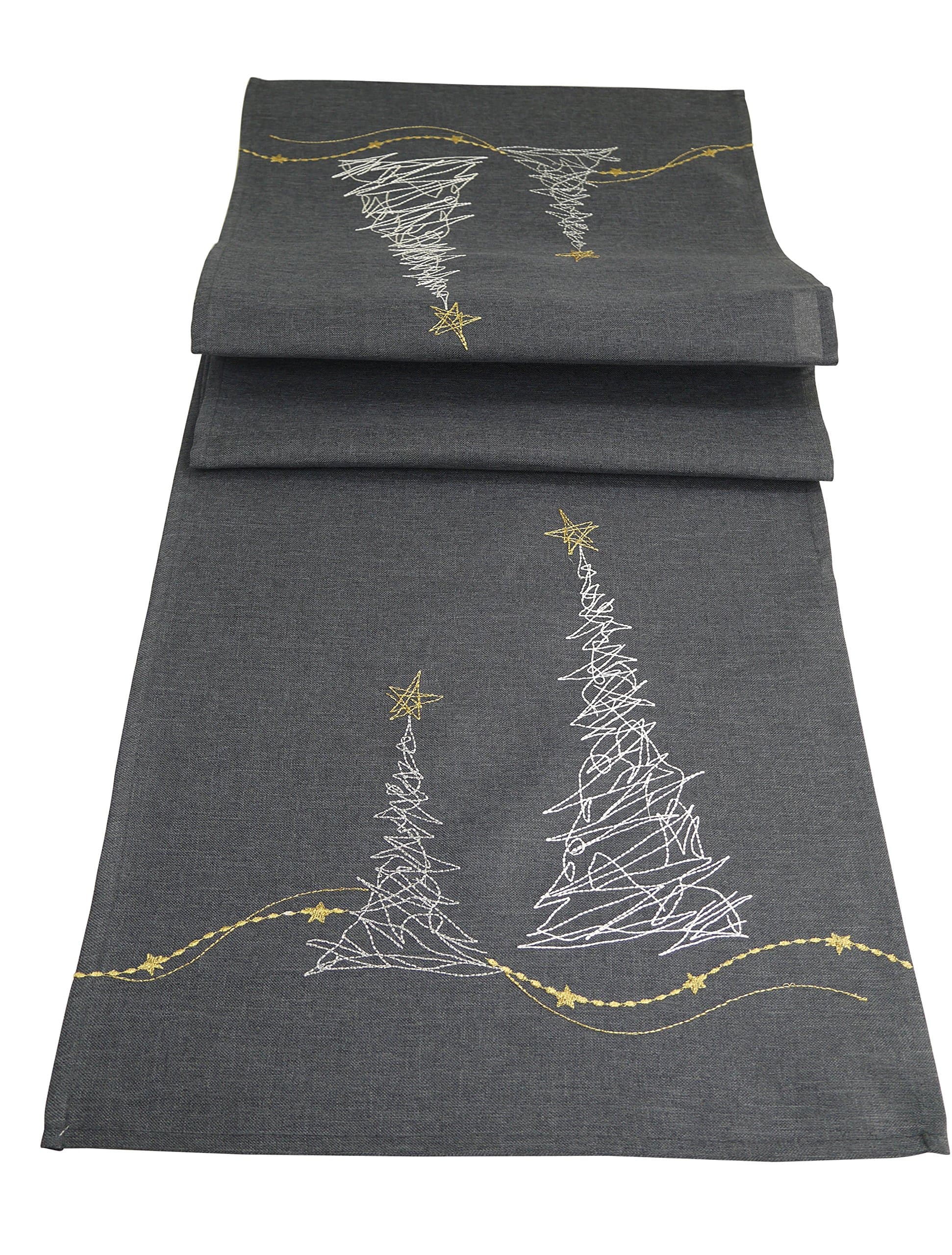 Tischläufer Tischdecke Weihnachten modern in Grau mit Stickerei Gold Silber (Grau_Baum) Angebot bei HelloDeals
