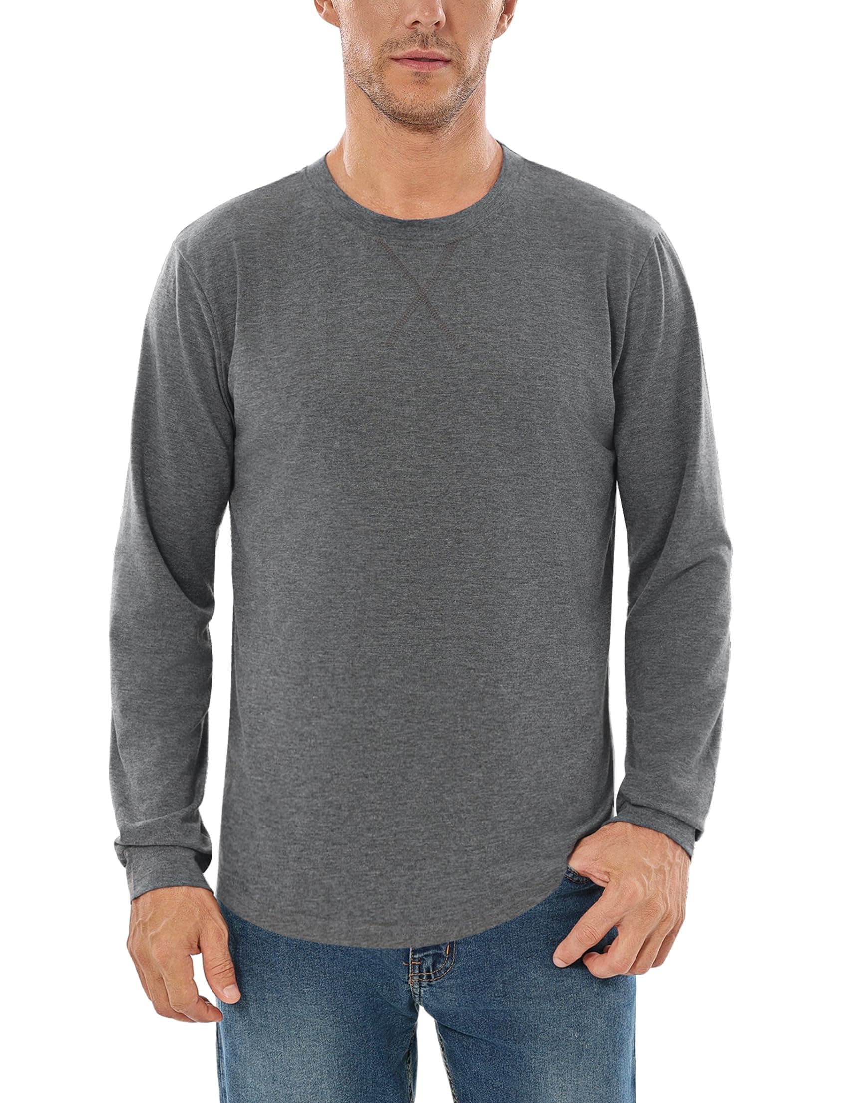 Langarmshirt Herren Baumwolle Longshirt Rundhals Longsleeve T-Shirts Leicht Casual T-Shirt für Männer Longline Pullover T Shirts Einfarbige Regular Fit S-3XL Dunkles Heidegrau S Angebot bei HelloDeals