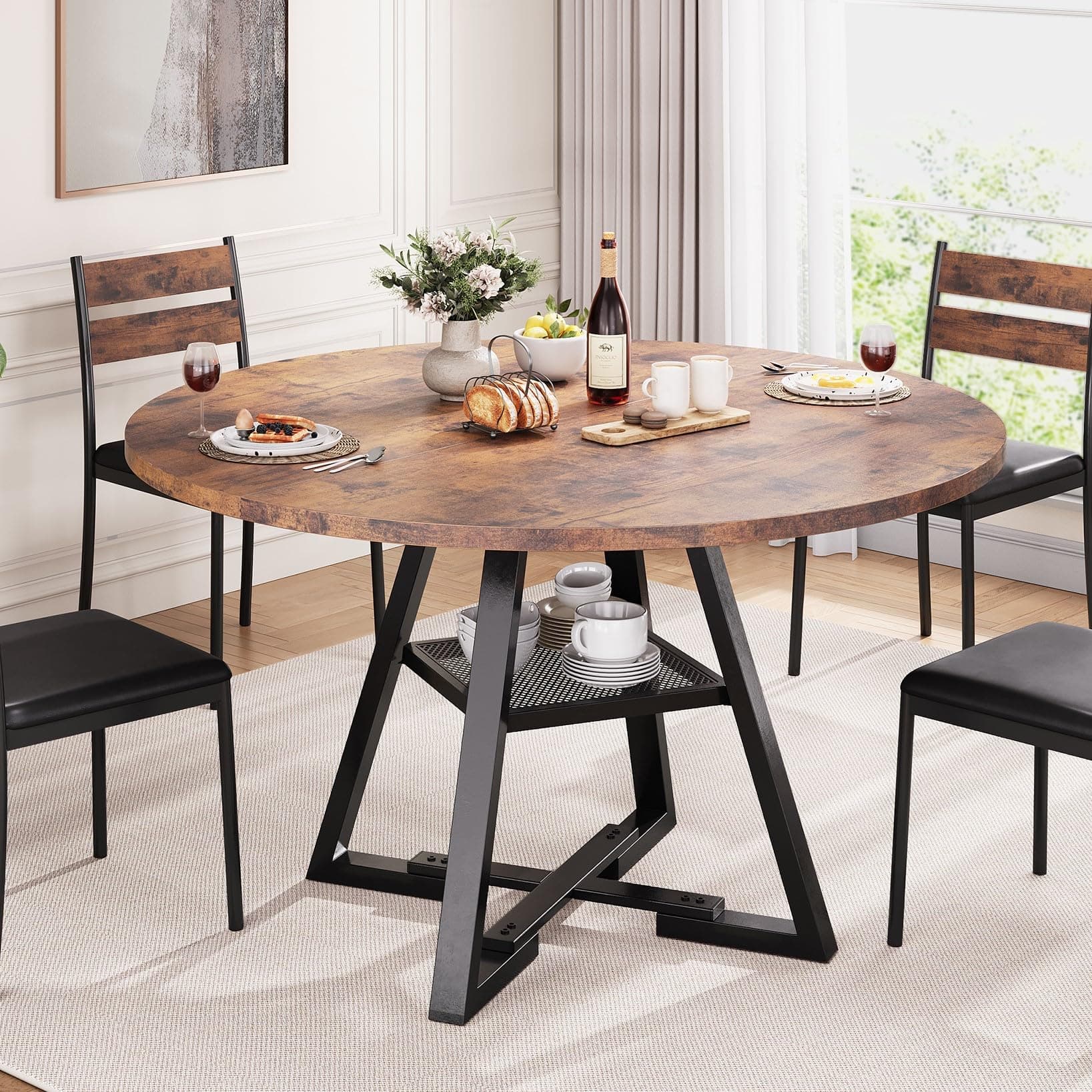Esstisch Runder für 2–4 Personen, Esszimmertisch mit Ablage, platzsparender Küchentisch aus Holz im Industrial Design (Vintage Braun, 107x107x76cm) Vintage Braun 107 x 107 cm Angebot bei HelloDeals