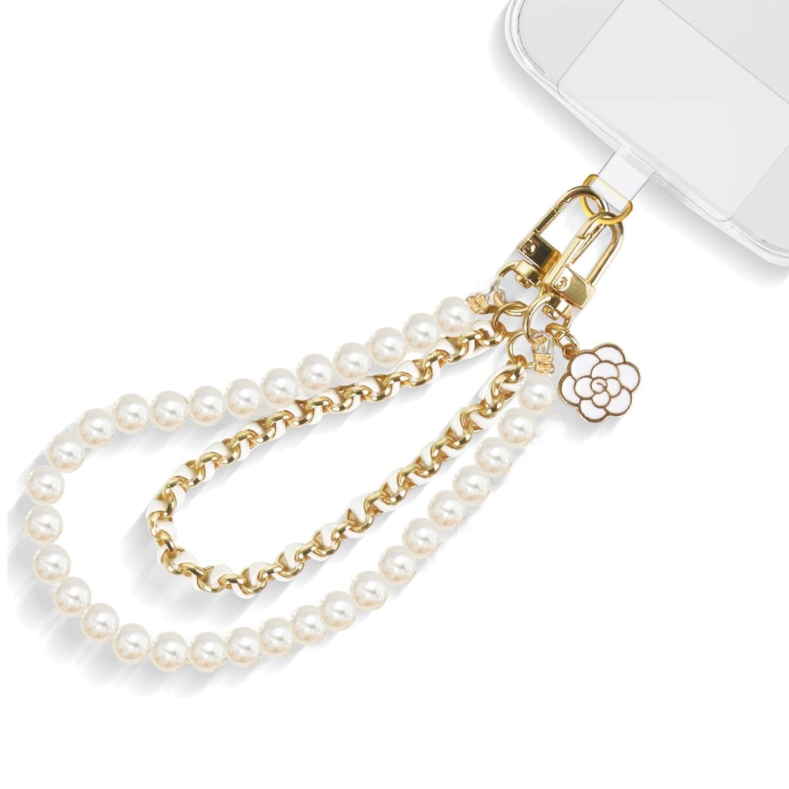 Handy-Armband, weiße Perlen, Leder, Doppelkette, Handy-Charm, freihändiges Armband, Handy-Kette Abnehmbares Handy-Lanyard Schlüsselband für Damen weiss Angebot bei HelloDeals