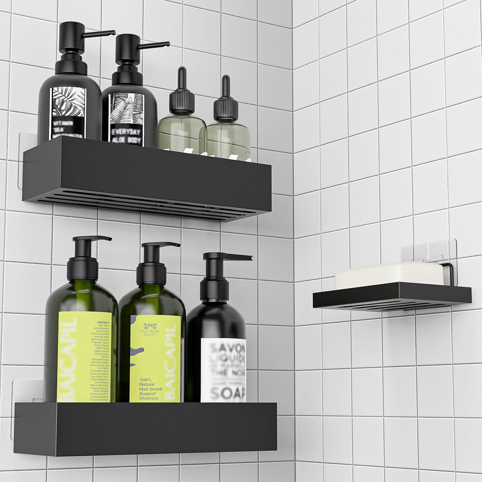 Duschablage Ohne Bohren - Duschregal Badezimmer Organizer Shampoo Halterung für Dusche (Schwarz - 3 Rechtecke) Angebot bei HelloDeals