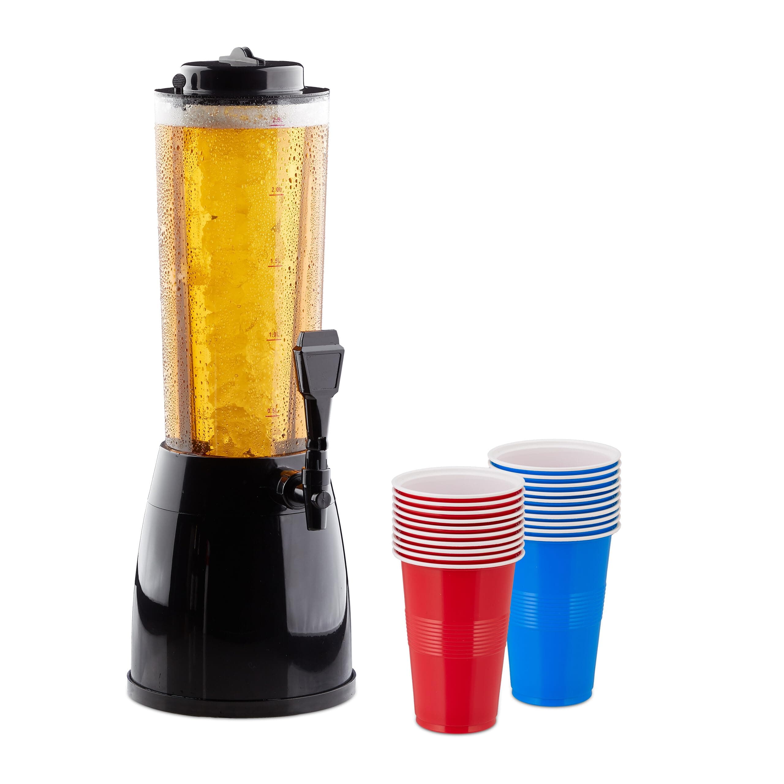 Relaxdays Biersäule, 2,5 l, 20 Bierbecher, Biertower mit Kühlung & Zapfhahn, Kunststoff, Getränkespender Bier, bunt Angebot bei HelloDeals