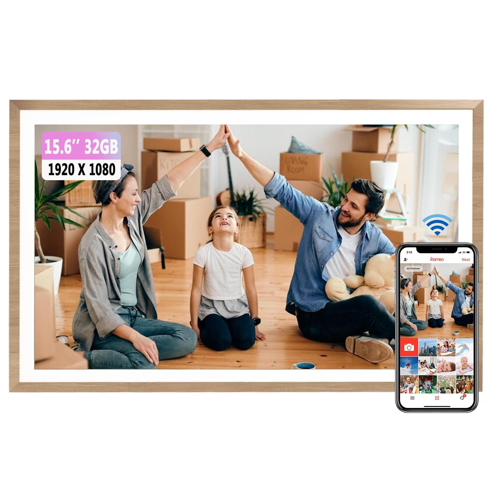 Frameo Digitaler Bilderrahmen 15,6 Zoll WLAN,1920x1080 FHD IPS Touchscreen Smart Fotorahmen Groß mit 32GB WALN Fernfreigabe von Fotos und Videos mit Kalender Wetter Musik Angebot bei HelloDeals