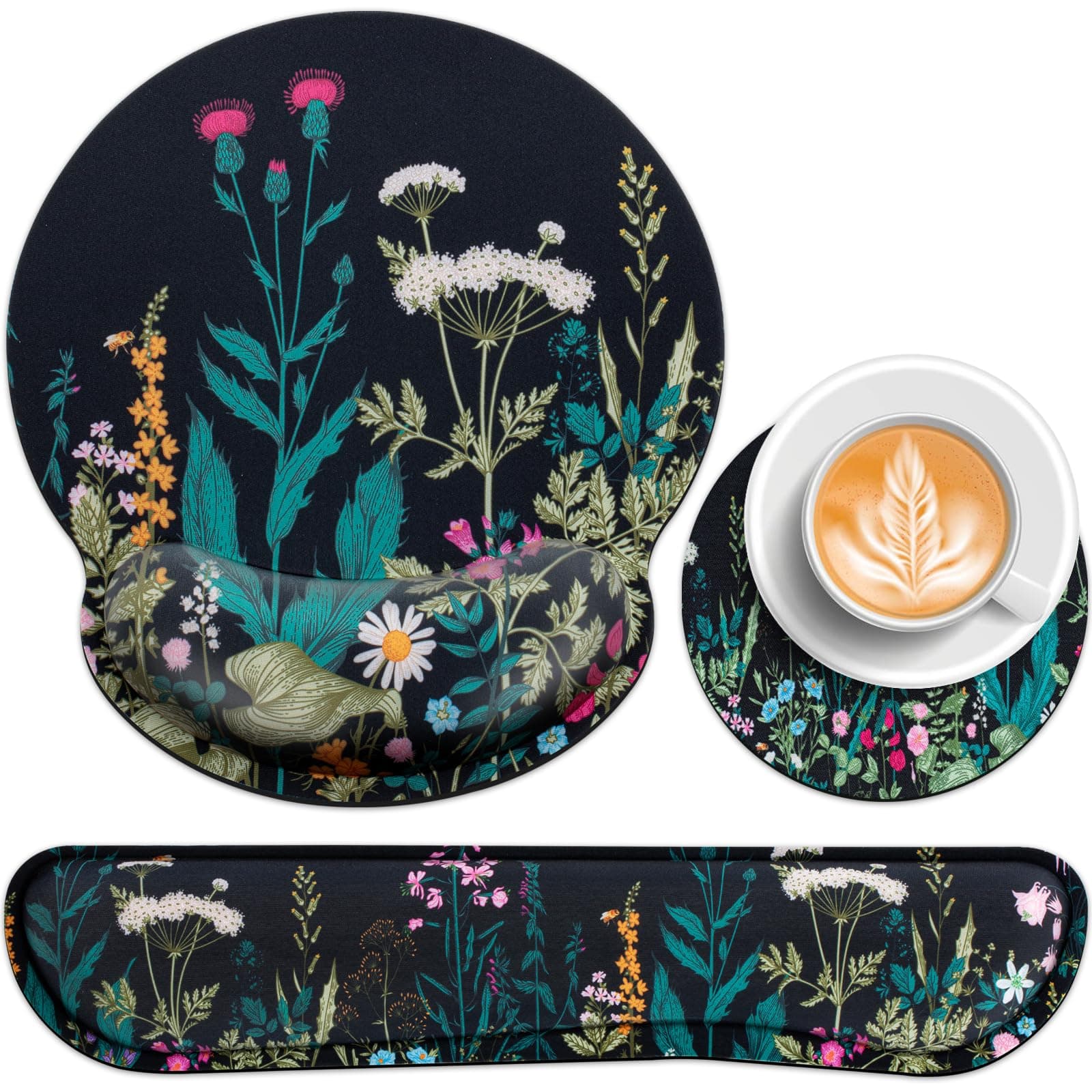 3-in-1 Mousepad Set,Mauspad mit Gelkissen+Handballenauflage Tastatur+Untersetzer,Mauspad XXL mit Rutschfester,Ergonomisches Mauspad,Schmerzlinderung Maus Pad für Spiele,Zuhause,Büro Blumen & Pflanzen Angebot bei HelloDeals
