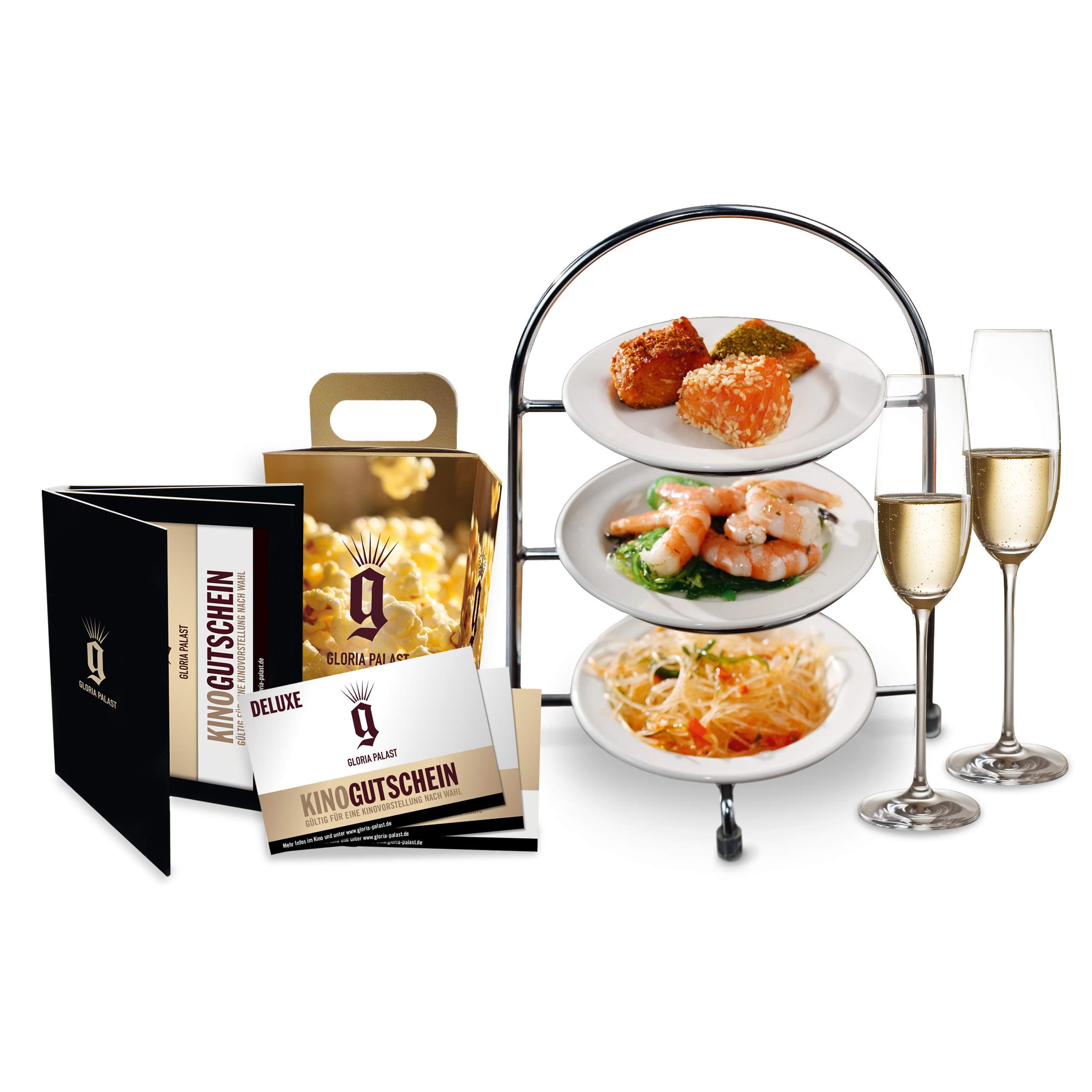 Gloria Palast Premium Geschenkset: Verwöhnkino zum Verschenken mit Zwei Kinogutscheinen sowie Gutscheinen für köstliche Speisen und feine Getränke! Deluxe Angebot bei HelloDeals