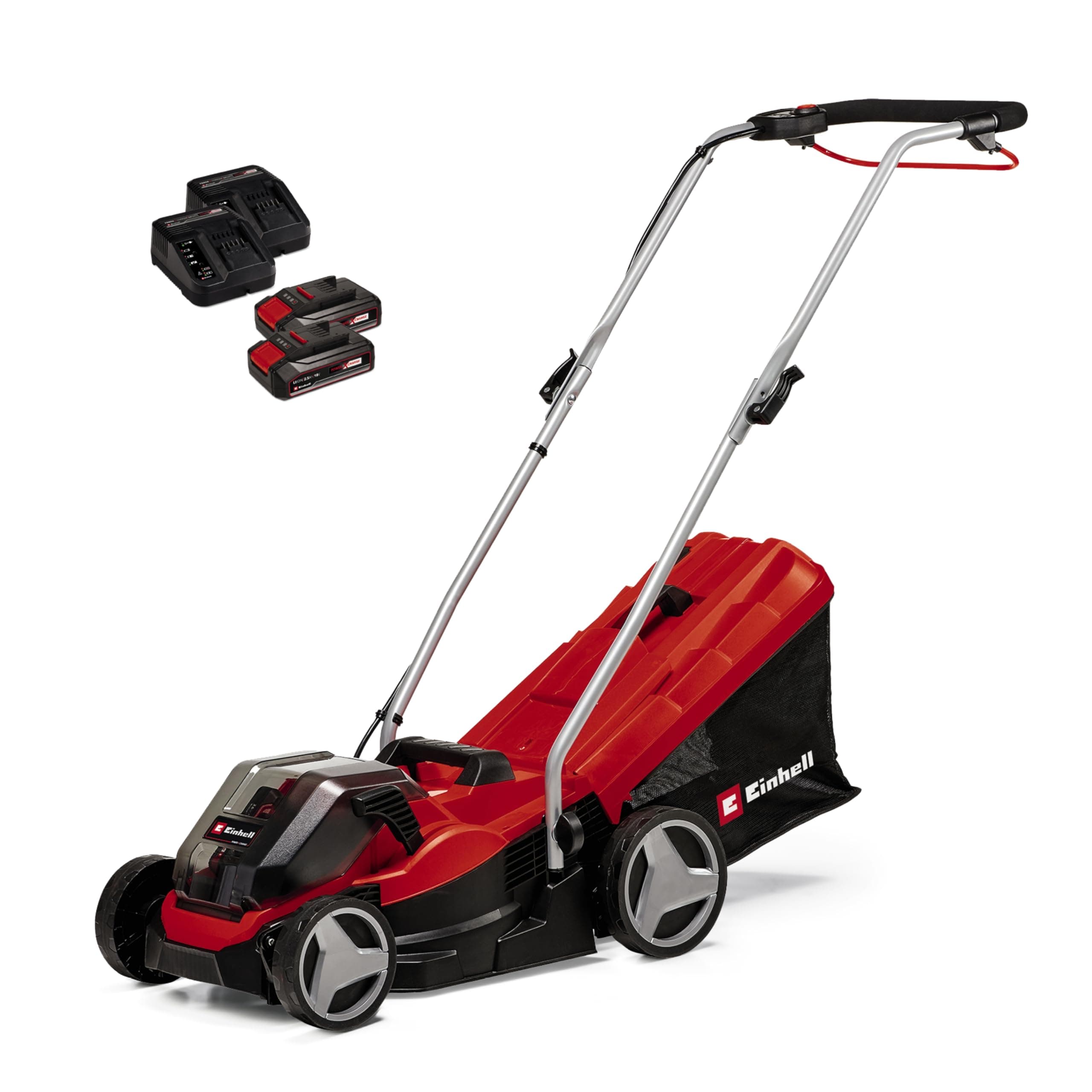 Einhell Akku-Rasenmäher GE-cm 36/33 Li Kit Power X-Change (36 V, 33cm Schnittbreite, bis 250 m², 30L Fangkorb, 25-65 mm Schnitthöhe, inkl. 2X 2,5 Ah Akkus + 2X Ladegeräte) Angebot bei HelloDeals