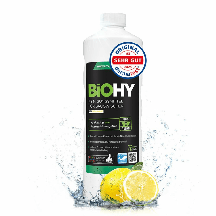 BiOHY Reinigungsmittel für Saugwischer mit Frischeduft (1l Flasche) | 1:200 Konzentrat für alle Nass-Trockensauger | ideal für Fliesen, PVC, Parkett, Laminat & Teppich | streifenfreier Glanz Saugwischer Frisch ohne Dosierer 1 l (1er Pack) Angebot bei HelloDeals