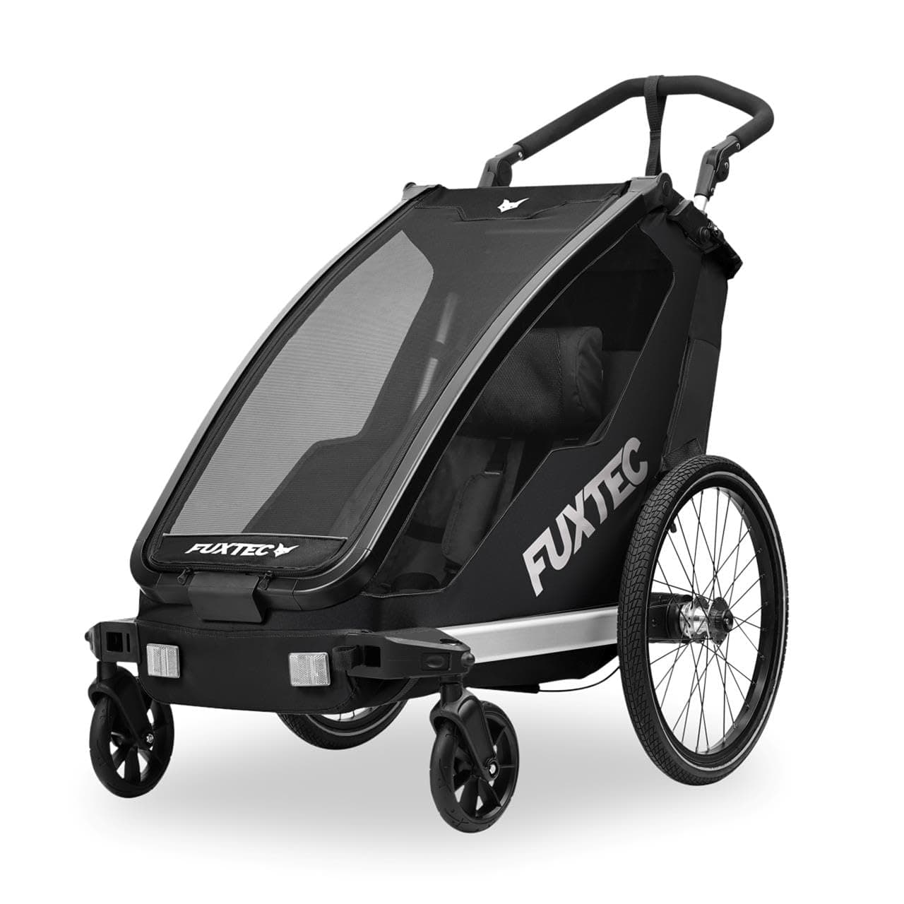 FUXTEC Kinderfahrradanhänger FX-FA1S, EIN-Sitzer faltbar mit Schiebegriff und Regenschutz, integrierter Anschnallgurt und Handgelenksband, max. Zuladung 35kg, inkl. Kupplung und Sicherheitsfahne Schwarz Angebot bei HelloDeals