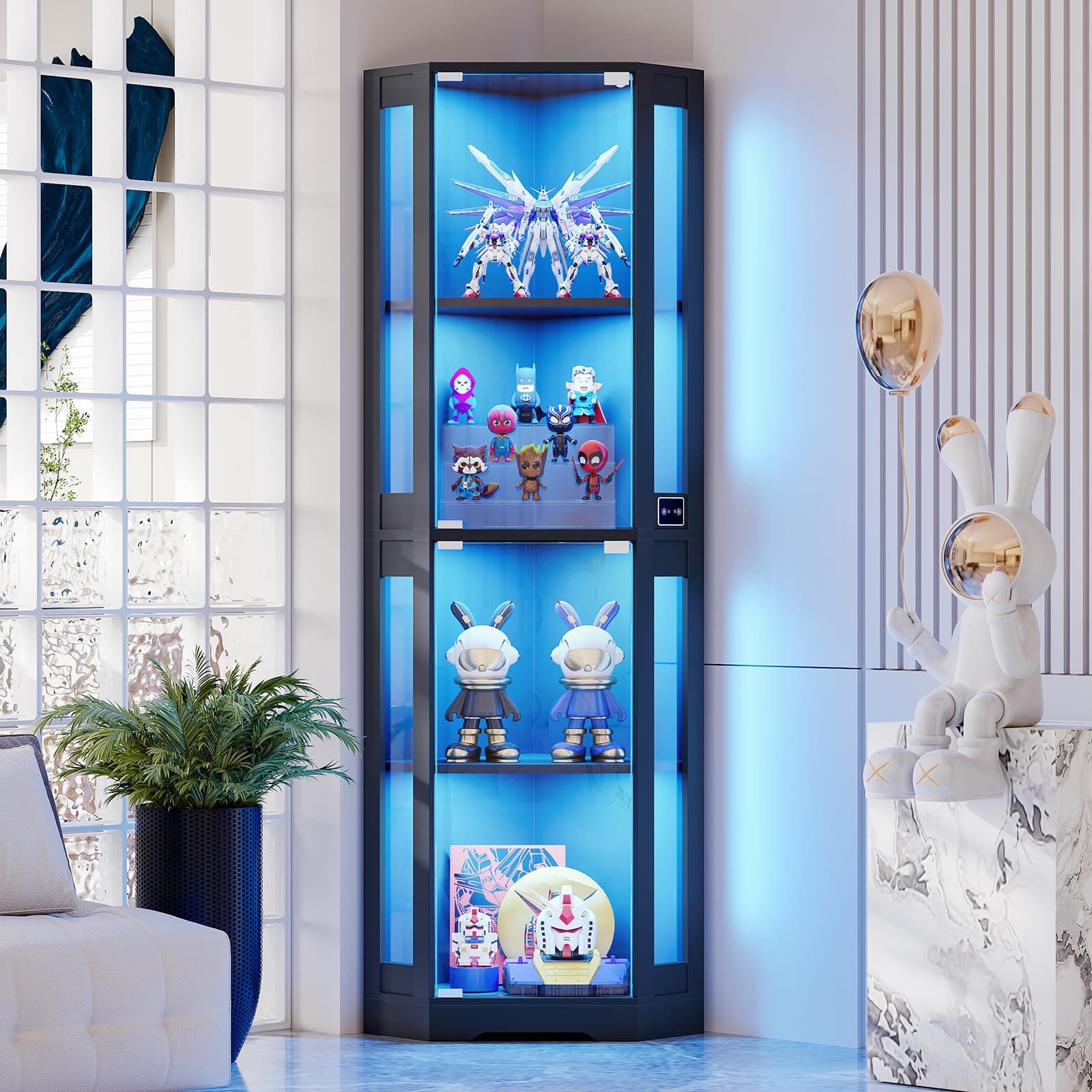165 cm Eck-Glasvitrine mit LED-Beleuchtung & 4-stufige Schauvitrine mit Glastüren und Human Body Sensor für Sammlerstücke, Spirituosen, Schwarz Schwarz W40x D40x H165cm Angebot bei HelloDeals