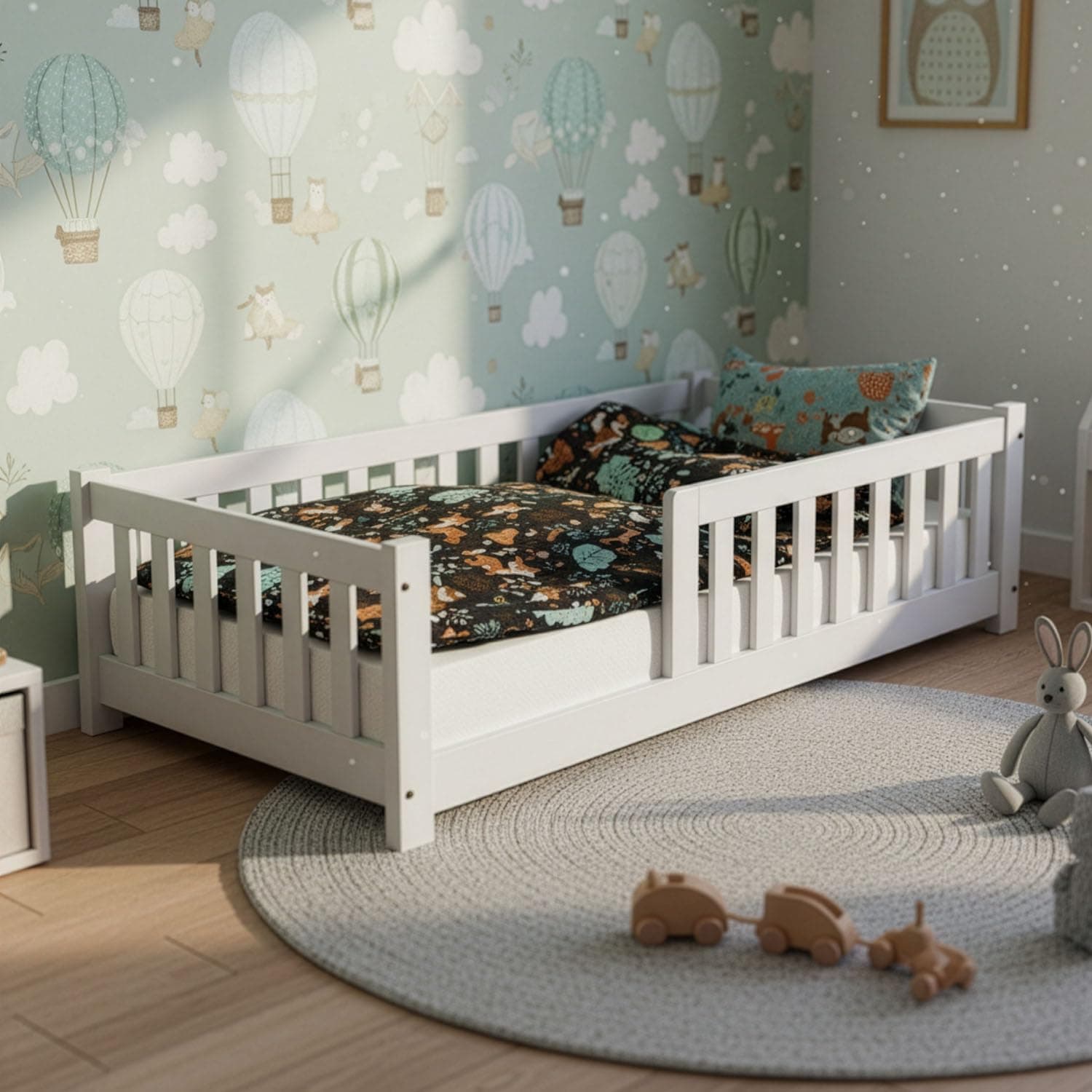 Juskys Kinderbett Naya - 90x200 cm Bett mit Rausfallschutz & Lattenrost - Holz Bodenbett für Kinder 3-10 Jahre - modernes Bettgestell Weiß Angebot bei HelloDeals