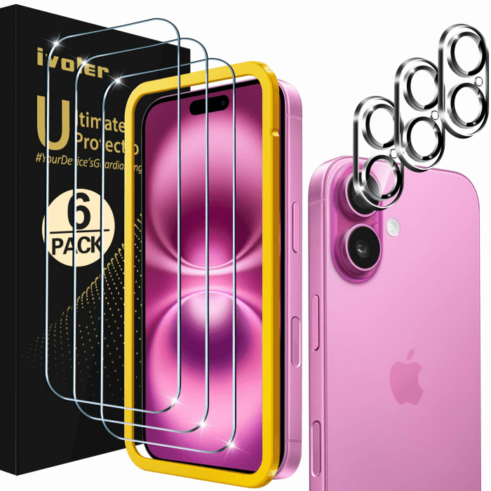 ivoler 3+3 Stück Panzer Schutz Glas für iPhone 16, 3 Stücke Schutzfolie Mit 3 Stück Kameraschutz und Positionierhilfe, 9H Härte, HD Klar, Anti-Kratz, Anti-Bläschen iPhone 16 6.1 Zoll Angebot bei HelloDeals