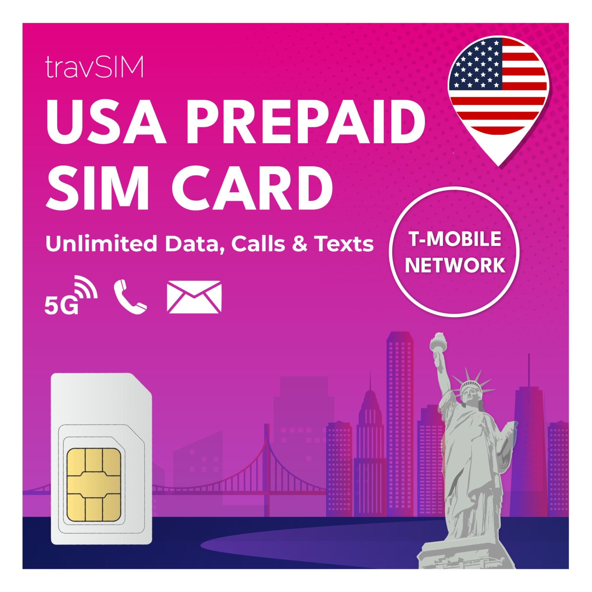 travSIM USA SIM Karte | T-Mobile Netz | Unbegrenzte Daten, Anrufe & Texte in den USA | SIM Karte USA funktioniert auf iOS & Android Geräten | SIM USA 5 Tage Angebot bei HelloDeals