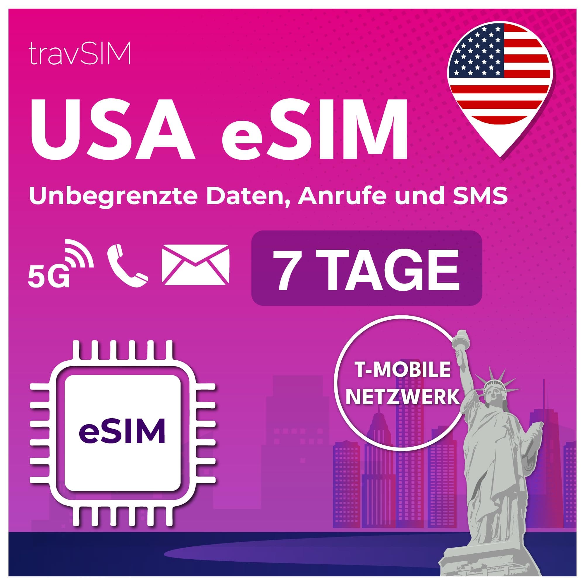 travSIM USA eSIM | T-Mobile Netz | Unbegrenzte Daten, Anrufe & Texte in den USA | e SIM Amerika funktioniert auf eSIM kompatiblen iOS & Android Geräten | e SIM Karte USA 07 Tage Angebot bei HelloDeals