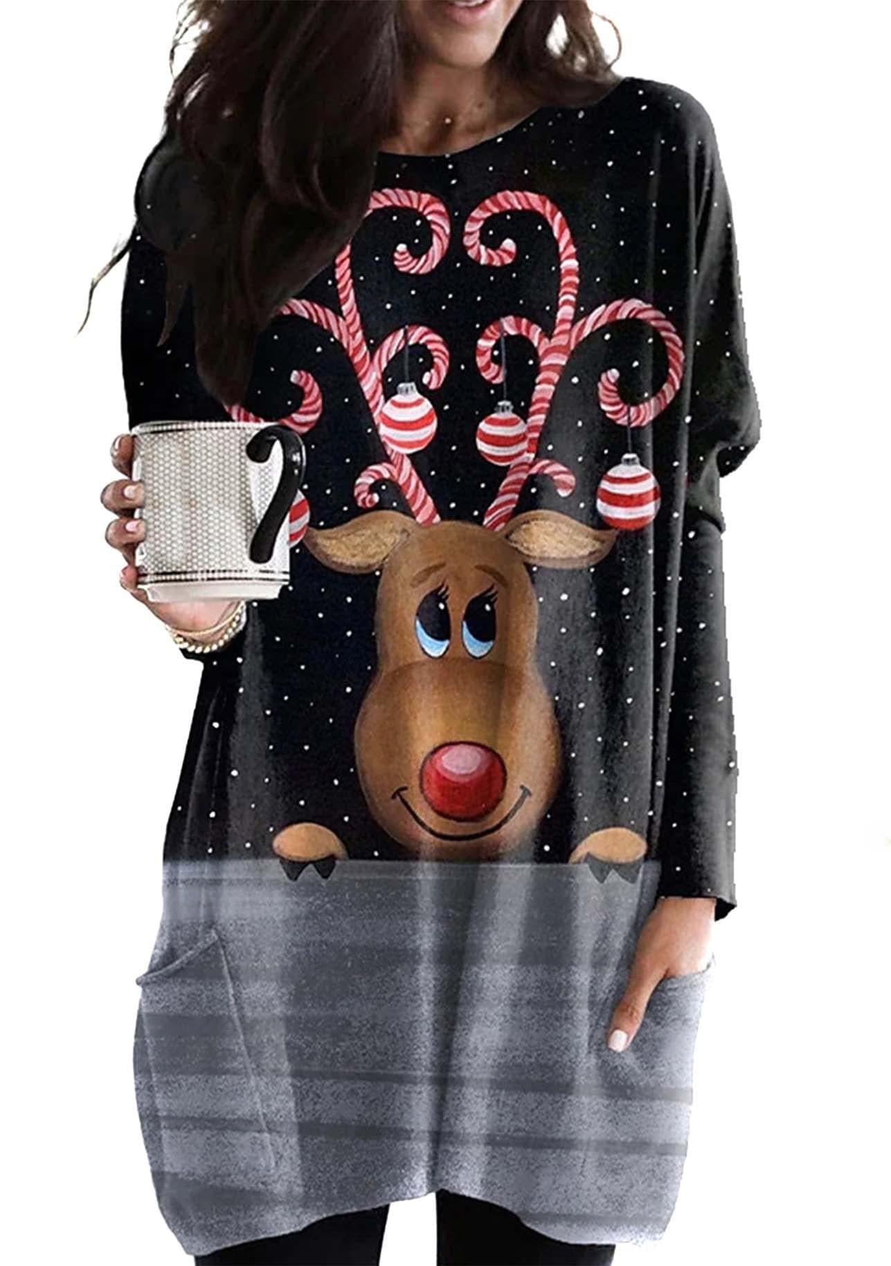 Yming Frauen Weihnachtspullover Rundhals Langarm Sweatshirts Lose Urlaub Pullover mit Taschen 3XL Elch Schwarz Grau Angebot bei HelloDeals