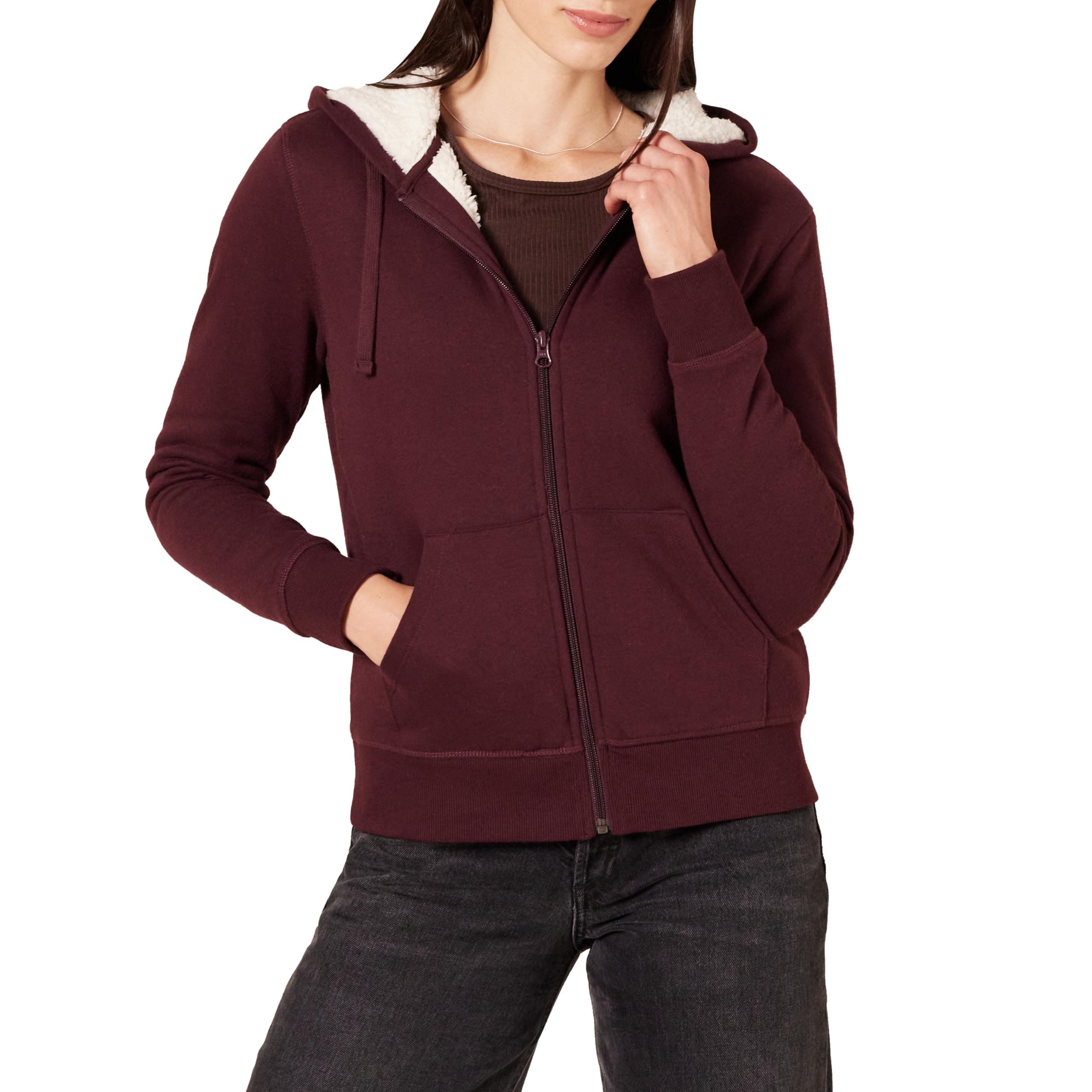 Amazon Essentials Damen Sherpa-gefütterte Fleece-Kapuzenjacke mit durchgehendem Reißverschluss (erhältlich in Übergröße) M Burgunderrot Angebot bei HelloDeals
