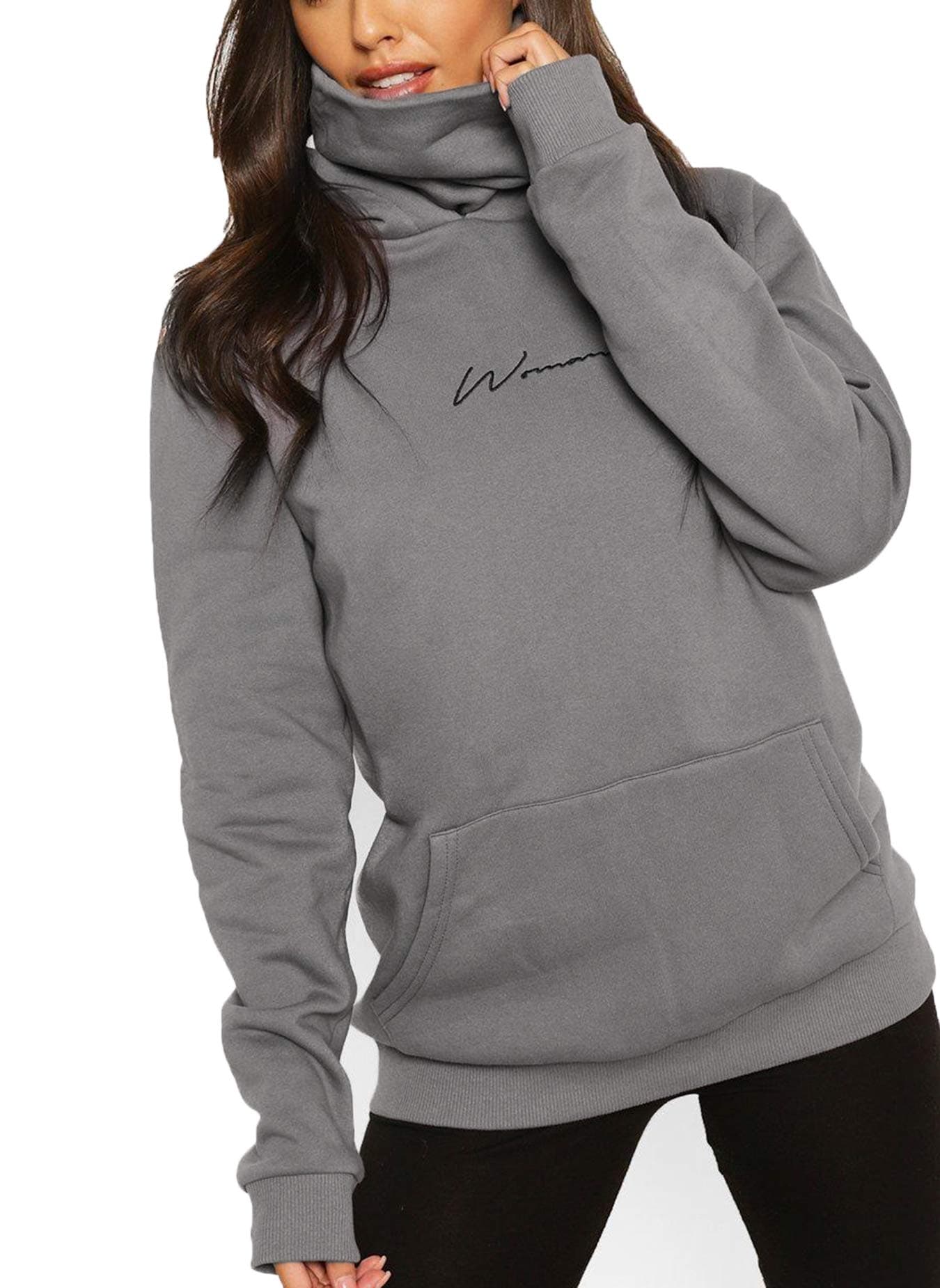 Damen Hoodie Kapuzenpullover Langarm Sweatshirt Winter Pullover Hochkragen Sweatjacke Kapuzen Pullis XL Grau Angebot bei HelloDeals