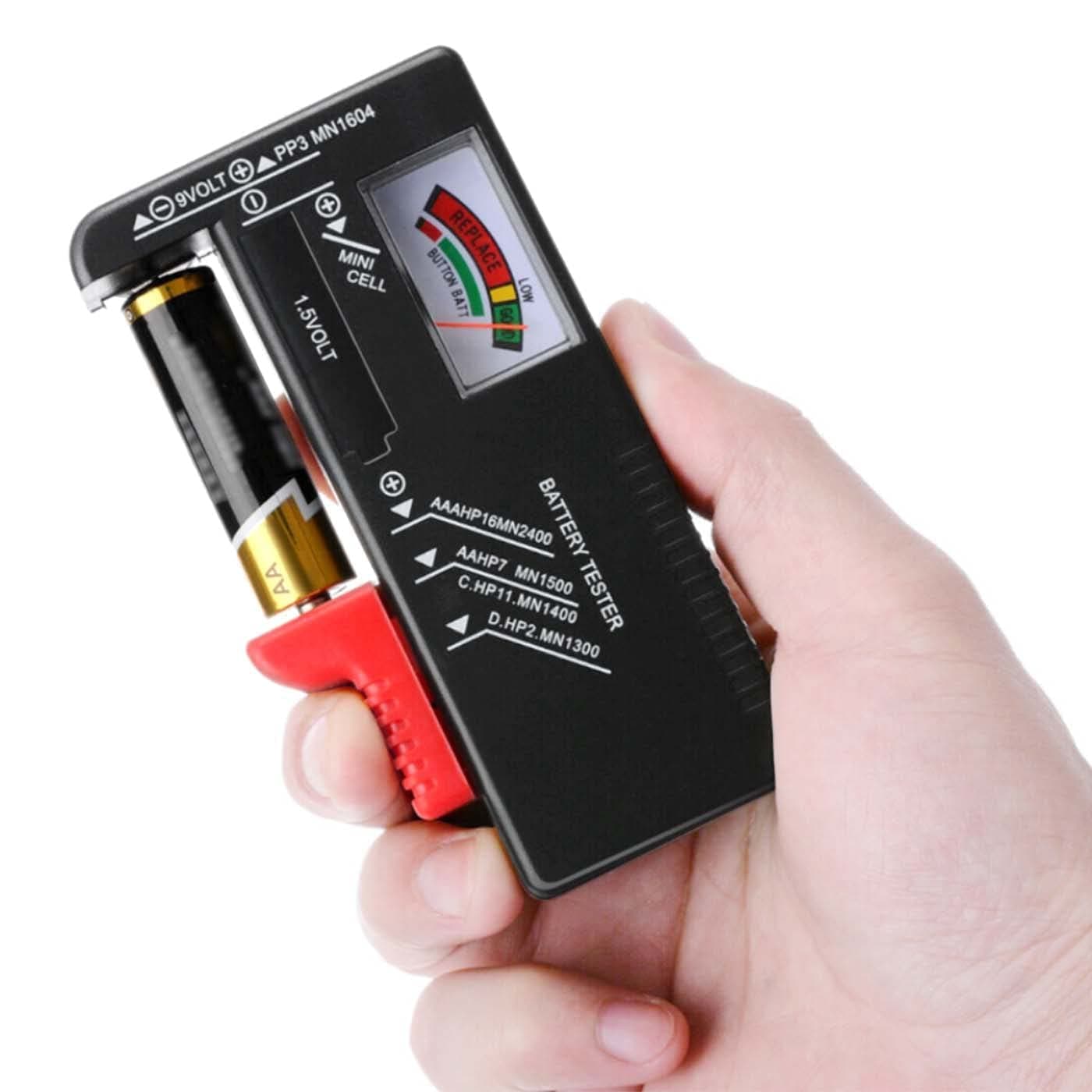 Batterietester, Batterietester mit analoger Anzeige-zur Kontrolle des Ladezustandes, passend für AA AAA C D 9V 1,5V Knopfzellenbatterie Akku Angebot bei HelloDeals