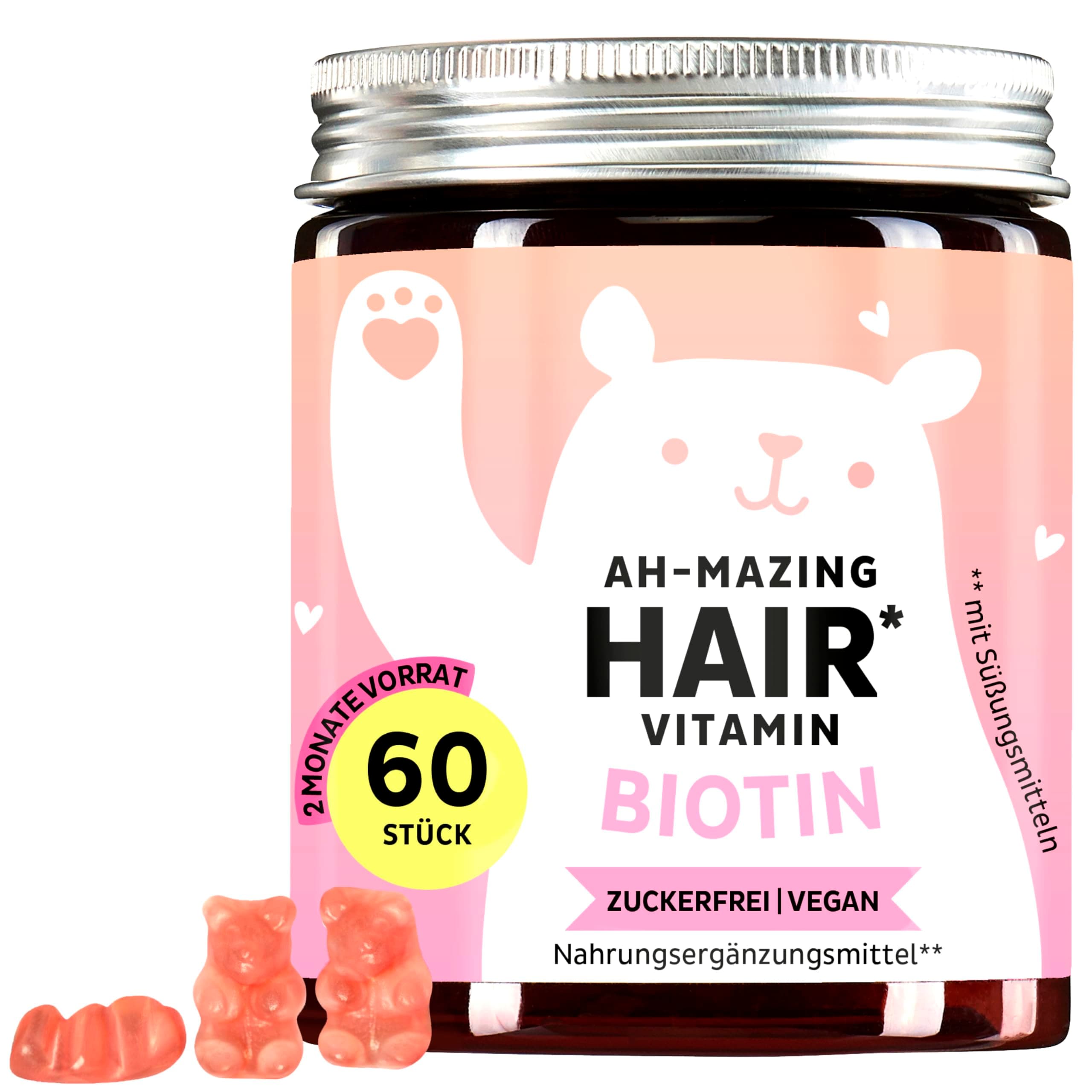 Biotin-Gummibärchen Ah-mazing Hair - Vitamine für Haare, Haut und Nägel – 5000µg Biotin, Zink, Vitamin C, E & Jod – 60 Stück (2-Monatsvorrat), Vegan, Zuckerfrei, Bears with Benefits 60 stück (1er Pack) Angebot bei HelloDeals